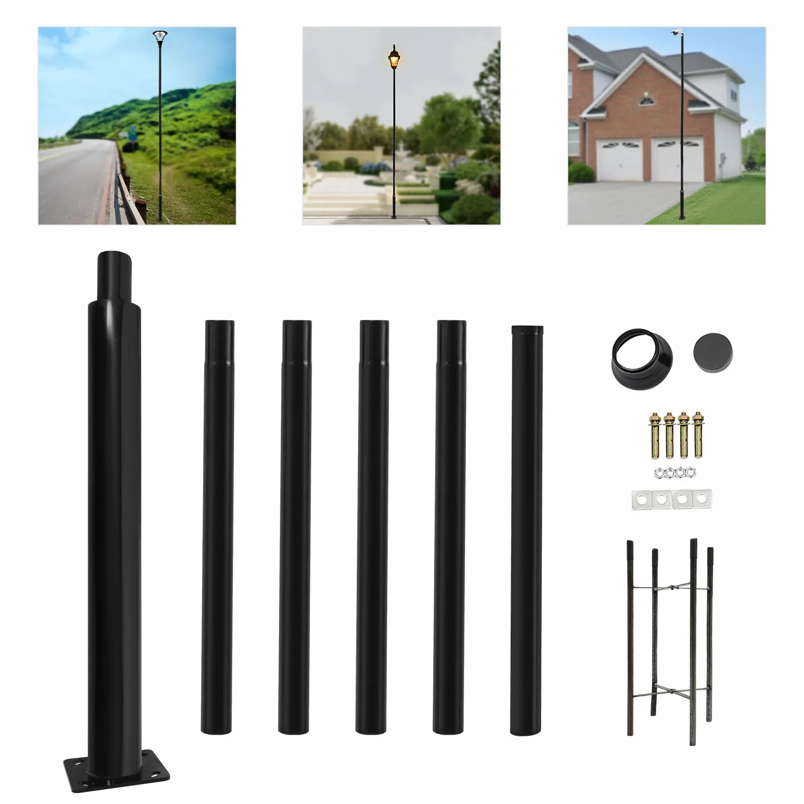 Lampa masztowa, 6 m, maszt na latarnię uliczną, nośność 100 kg, dzielony maszt na latarnię uliczną, nadaje się do użytku na ulicy, do ogrodu, na podwórko, czarna
