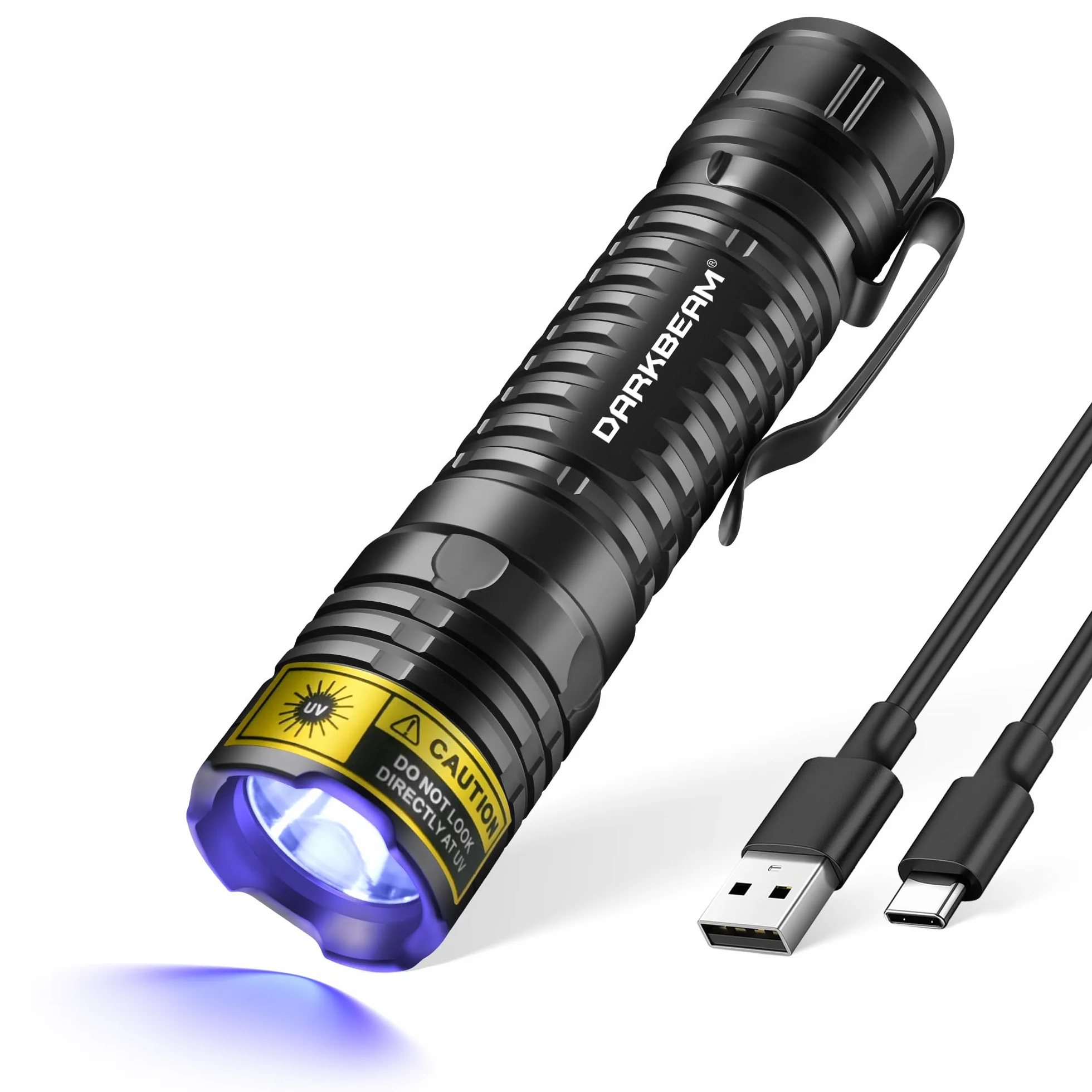 DARKBEAM Latarka UV 395nm Blacklight Czarne światło LED, Mini potężna Woodsche Lampa Latarki ultrafioletowe USB -C Akumulator Detektor moczu dla Pies do szkła uranowego, Plamy, utwardzania żywicy