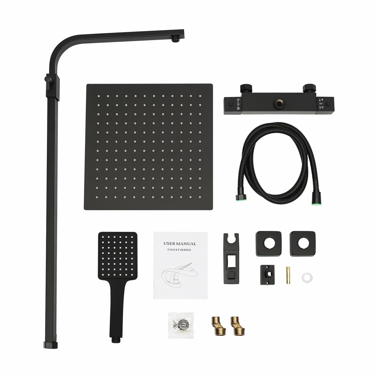 Termostat obracany o 360°, montaż ścienny, system prysznicowy, czarny, deszczownica 30 x 30 cm i słuchawka prysznicowa, ochrona przed oparzeniem 38°C, zawór ceramiczny, regulacja wysokości 70-105 cm