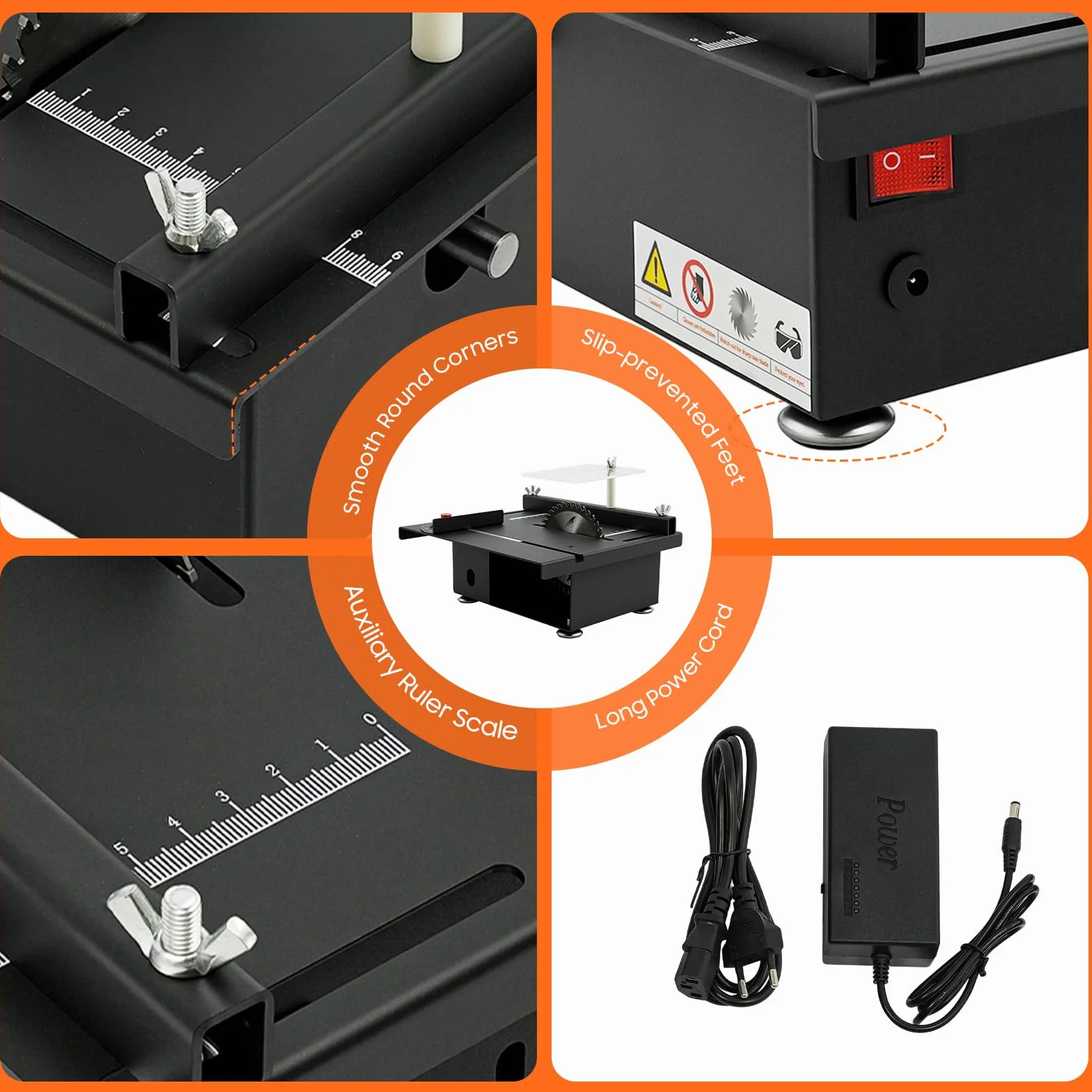 Mini piła stołowa 200 W, piła tarczowa 10 000 obr./min, z 7-biegowym zasilaczem, regulacja kąta 0-90° i brzeszczot 110 mm, do precyzyjnego cięcia w drewnie, akrylu, tworzywie sztucznym, modelarstwie