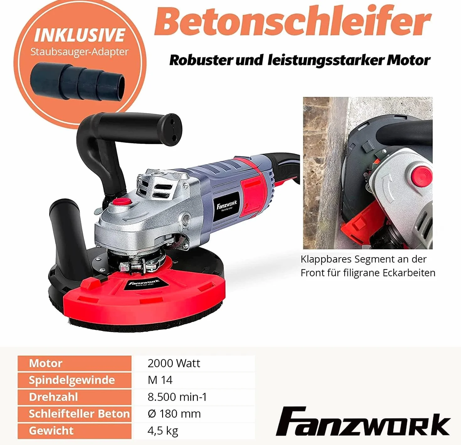 FANZTOOL Szlifierka do Betonu, zestaw z Diamentową Głowicą Szlifierską i oknem Odsysającym (2000 W/180 mm)