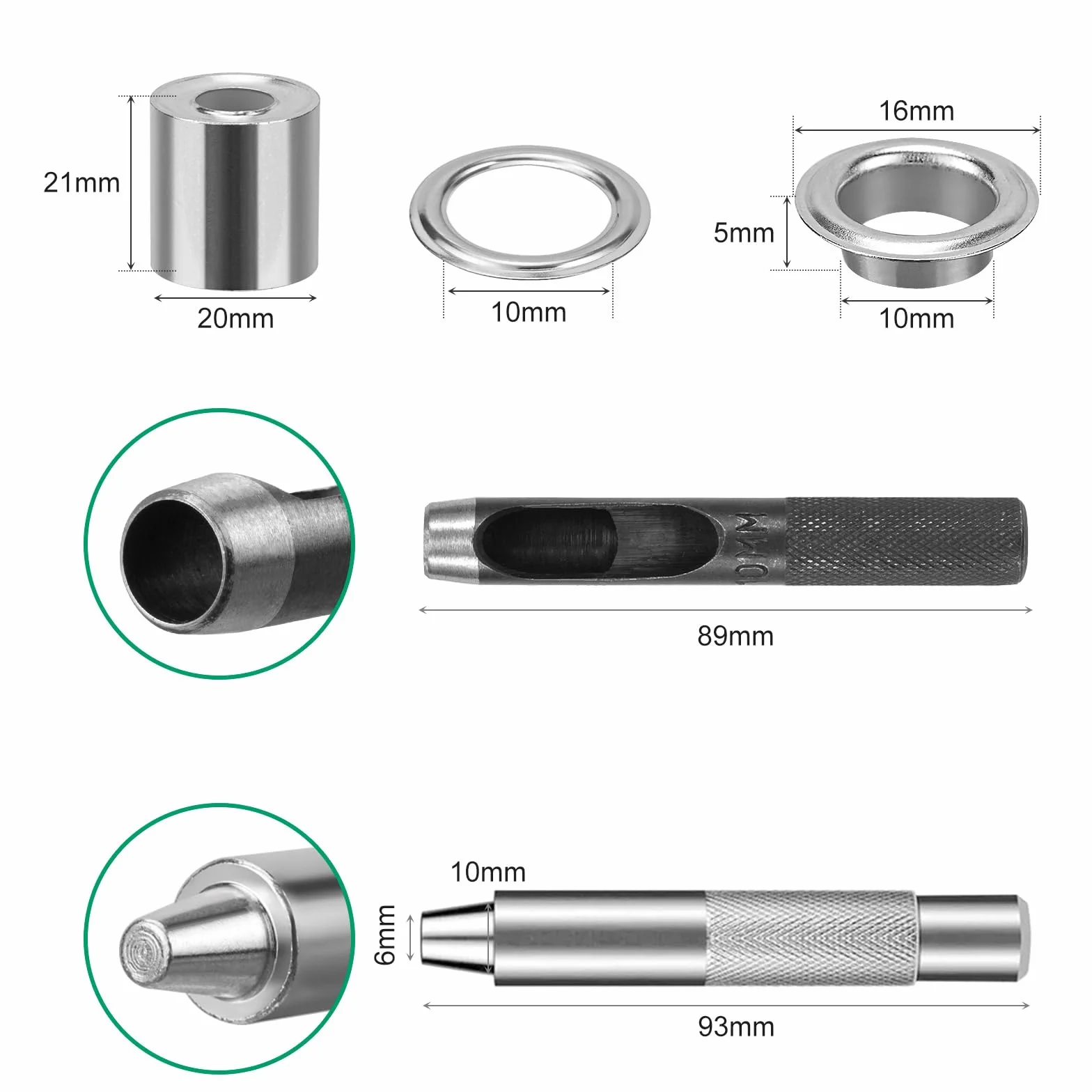 Zestaw 120 metalowych oczek, 10 mm Zestaw narzędzi do przelotek, zestaw oczek, w tym narzędzie montażowe, narzędzie do dziurkowania, podstawa, odpowiedni do markiz, butów, zasłon (10mm)
