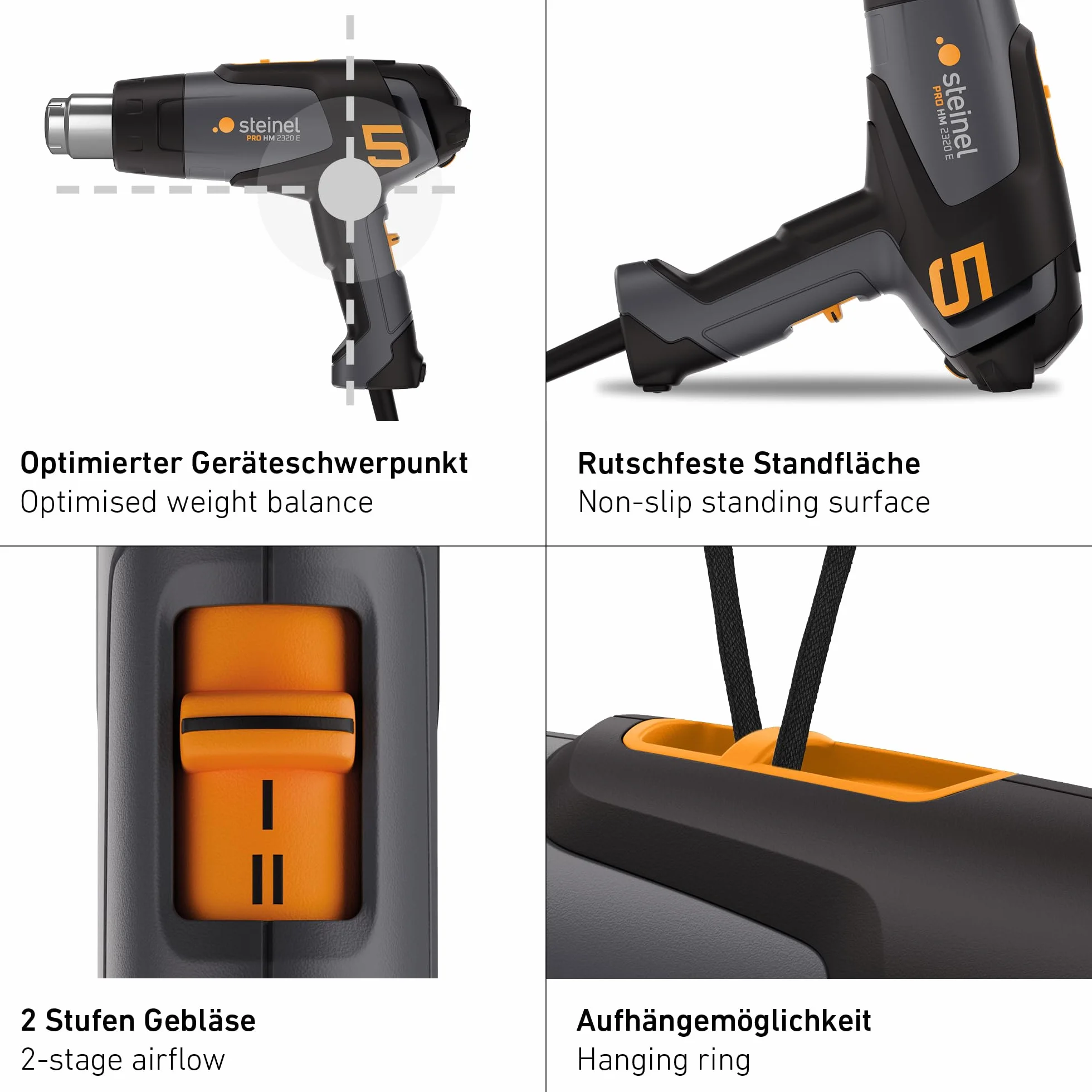 Steinel Pistolet grzewczy HM 2320 E, tryb ECO, pistolet na gorące powietrze 2300 W, 80°-650°C, wyświetlacz LCD, grzałka ceramiczna