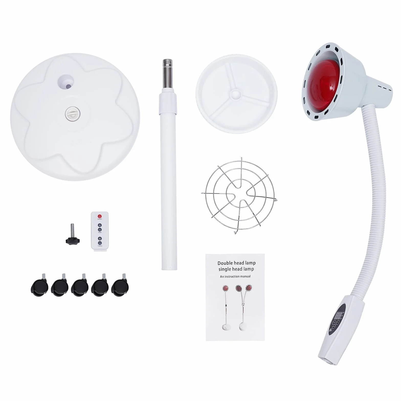 Lampa na podczerwień 8-70℃, z regulacją wysokości, czerwone światło, lampa ciepła z kółkami, światło podczerwone 275 W, funkcja timera, lampa grzewcza do łagodzenia bólu
