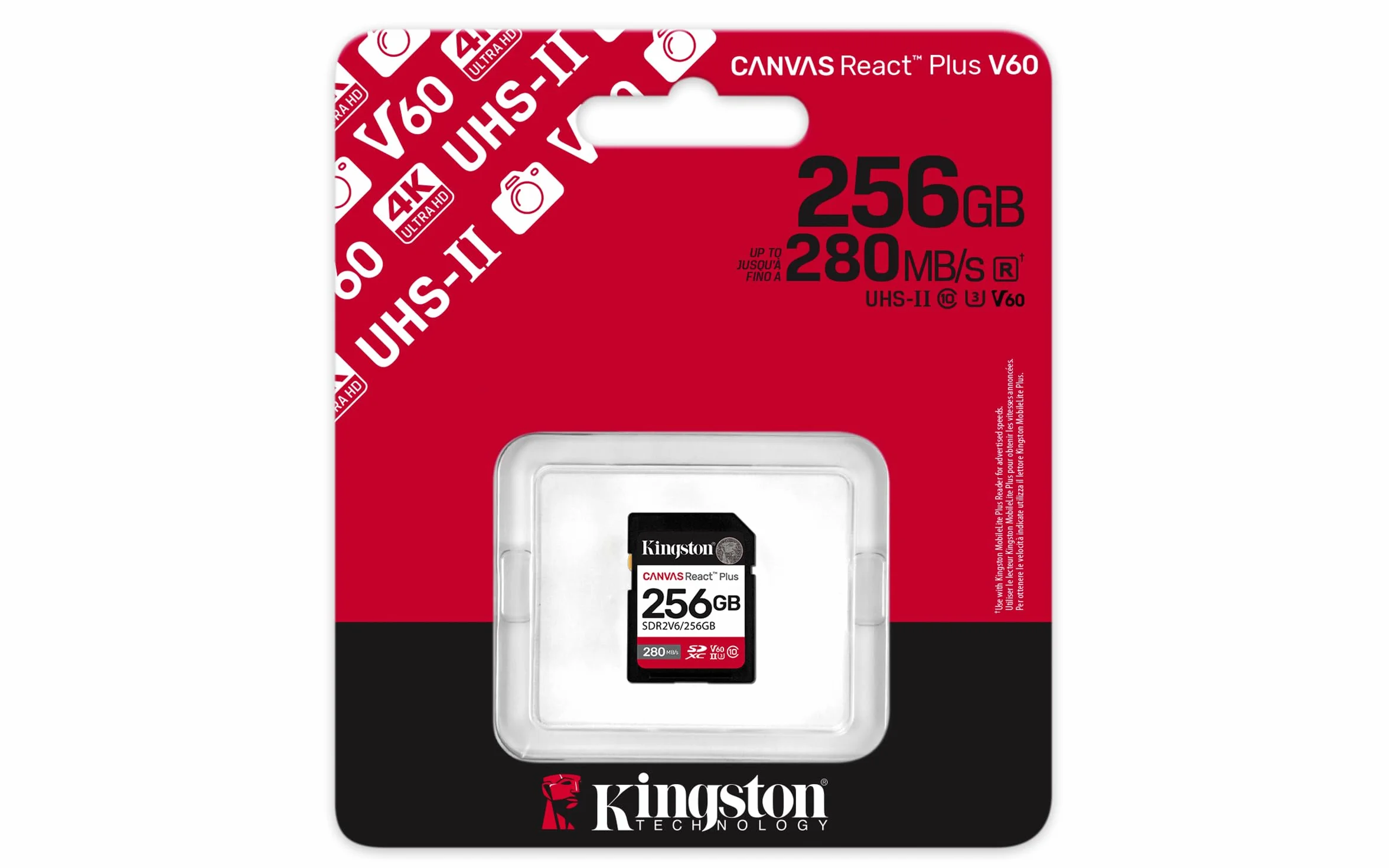 Kingston Canvas React Plus V60 SD 256 GB SDXC UHS-II 280R/150W U3 V60 dla 4K