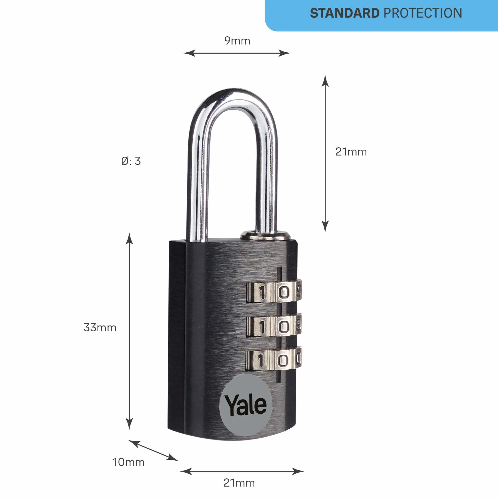 Yale YE3CB/20/121/1/BK Kłodka Aluminiowa Szyfrowa, Szerokość 21mm, do Użytku Wewnętrznego, Zabezpieczenie Szafek, Skrzynek Narzędziowych i Plecaków, Standardowe Bezpieczeństwo, Czarna