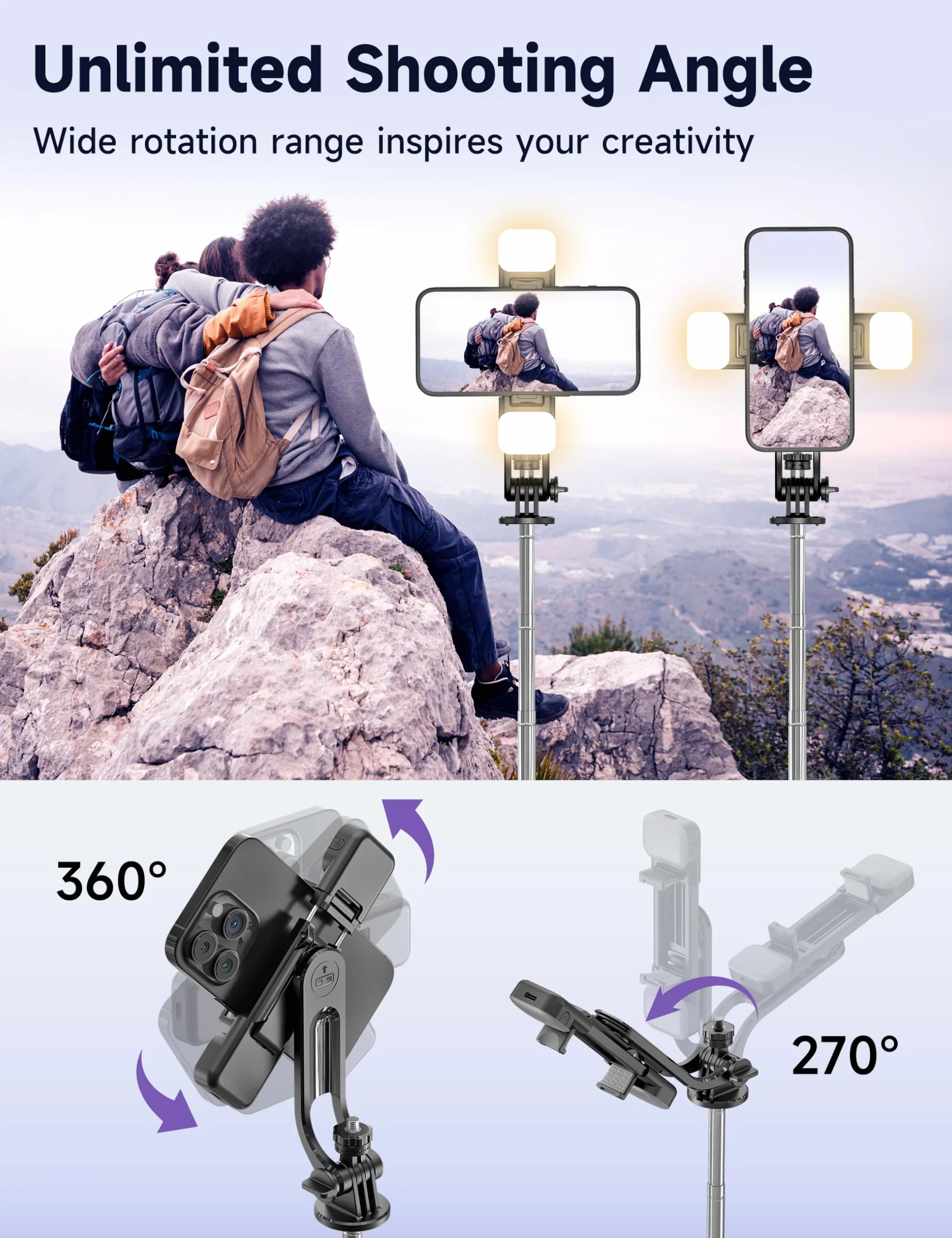 Selfie Stick 135CM z Lampkami Wypełniającymi, Uniwersalny Statyw do Telefonu z Pilotem