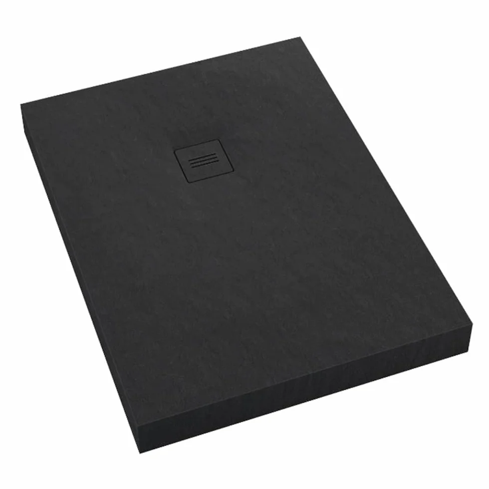 Sellon24® Brodzik akrylowy, wygląd kamienia, czarny, antypoślizgowy pokrowiec, odpływ, kwadratowy, ćwierć koła, prostokątny (R_80 x 100 x 12 cm)