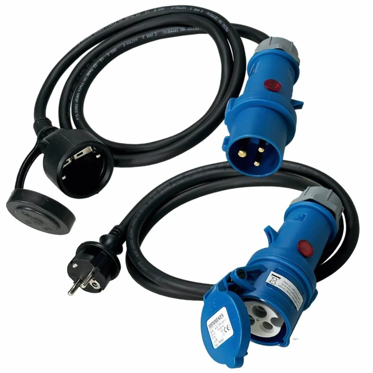 Zestaw 2 adapterów CEE Powerlight 1,5 m ze wskaźnikiem napięcia – 2 x adapter CEE Schuko H07RN-F 3G2,5, 16 A, 230 V IP44 – adapter kempingowy z lampką kontrolną, wysokiej jakości kabel Made