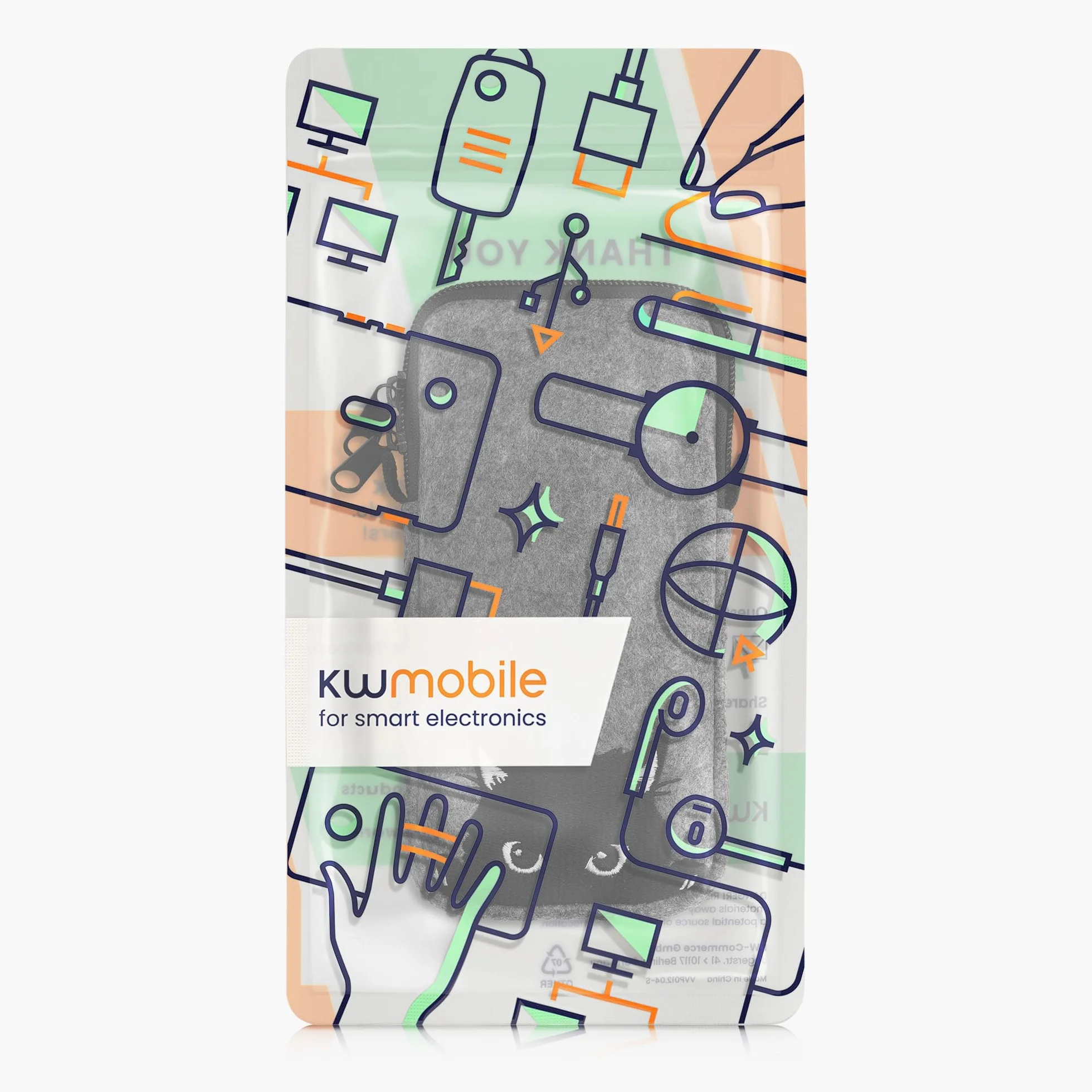 kwmobile Filcowa torba na telefon z wzorem XXL – 18 cm – 17,7 x 8,5 cm uchwyt na pasek – ciekawy kot szary/czarny