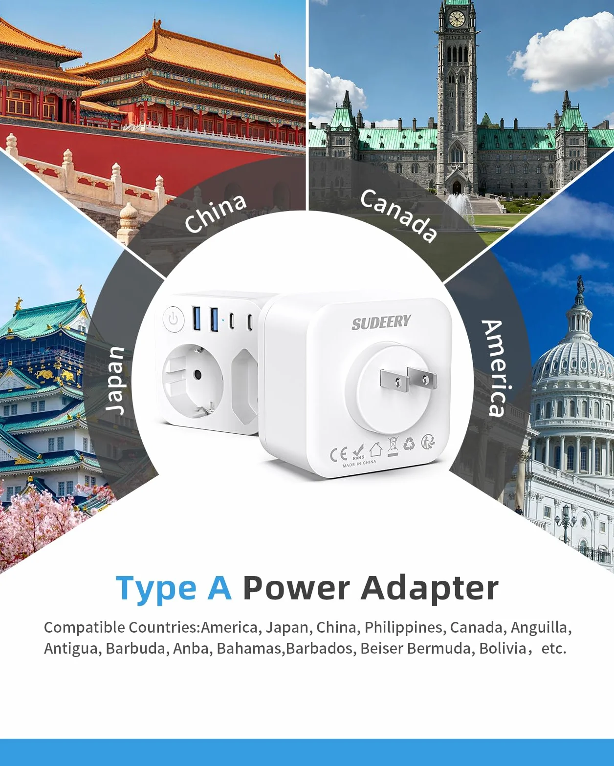 Adapter podróżny Schuko na typ A 4 porty USB 2 Type-C biały do USA Japonii Kanady