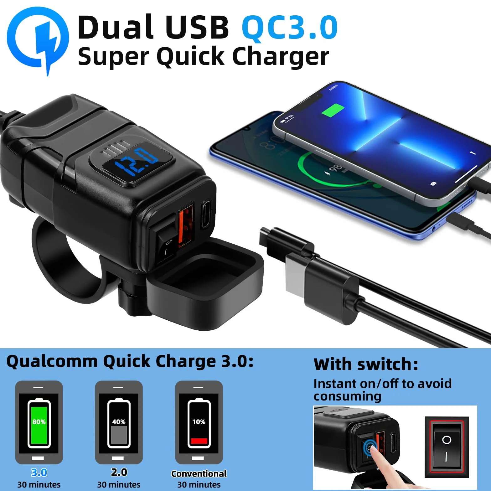 Gniazdo USB do motocykla 12V-24V Quick Charge 3.0 ładowarka PD typu C z włącznikiem i czujnikiem napięcia LED