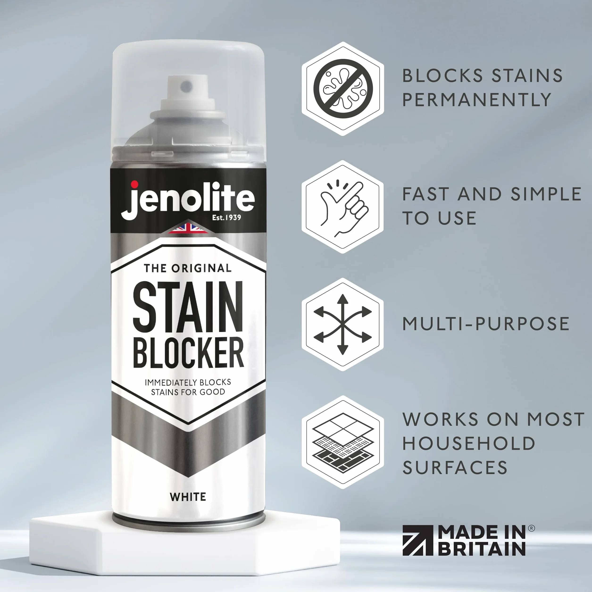 JENOLITE Farba w sprayu blokująca plamy | Biała | 400ml | Odporna na wilgoć farba do ścian i sufitów | Natychmiast blokuje plamy | Sprawdzony wybór zapewniający długotrwałą ochronę przed plamami