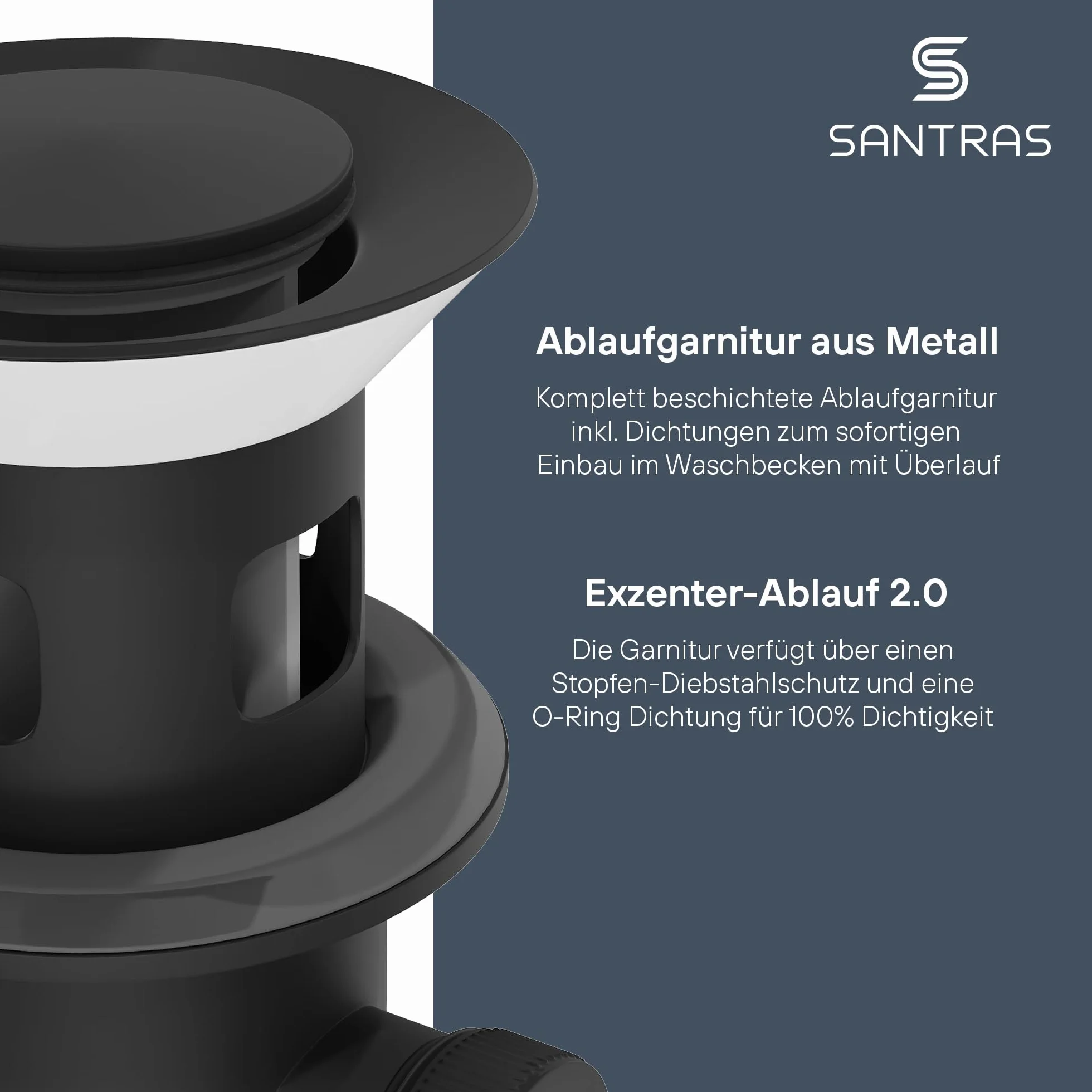 SANTRAS® Mimośrodowy zestaw odpływowy premium do umywalki z zabezpieczeniem przed przelewem, matowy matowy – kompletny zestaw przelewowy z korkiem odpływowym 1 ¼ do armatury z zestawem drążków