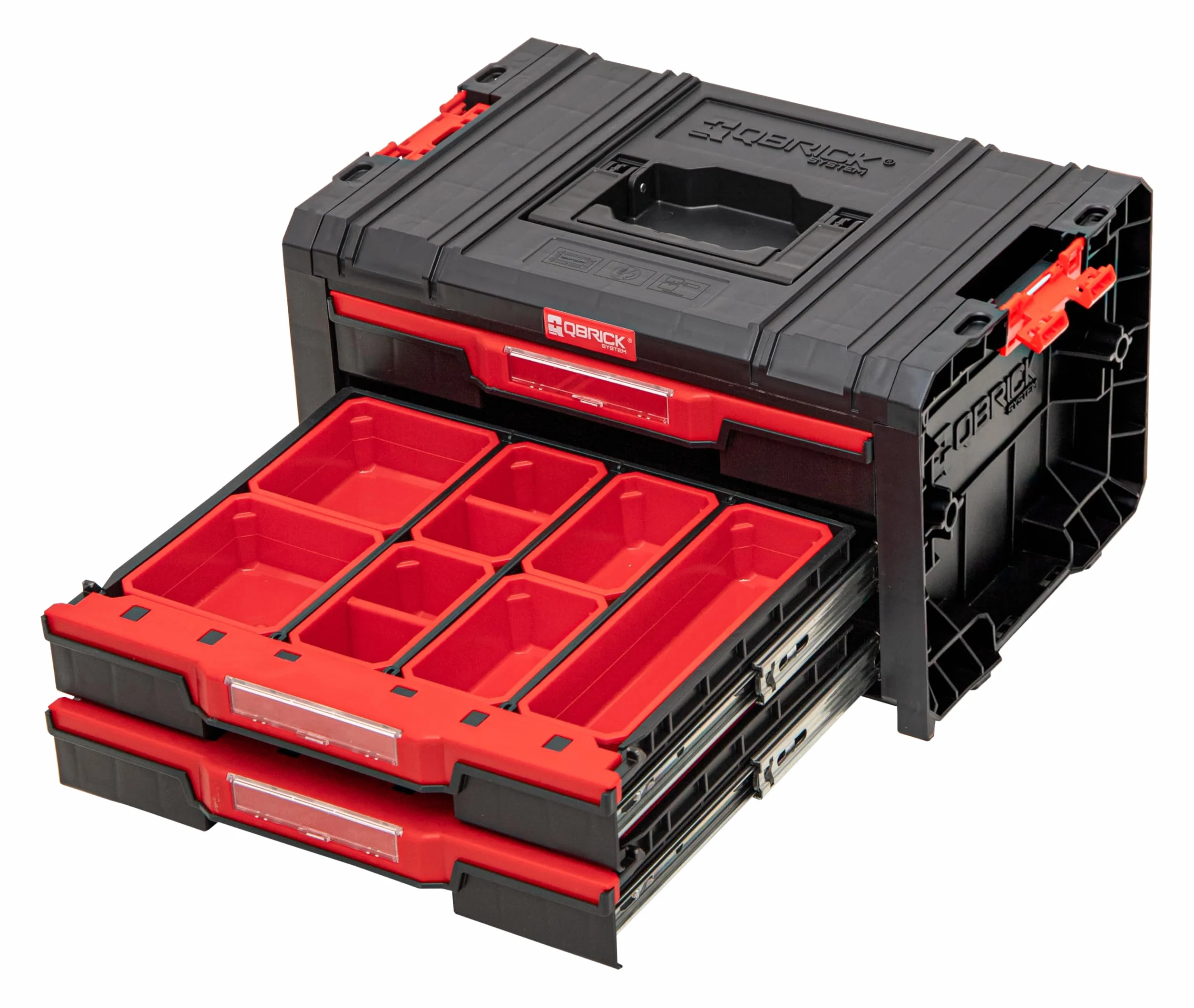 Qbrick System Skrzynka narzędziowa skrzynka narzędziowa Pusta skrzynka na narzędzia PRO Drawer 3 Toolbox 2.0 Expert czarno-czerwona 450 x 310 x 244 mm