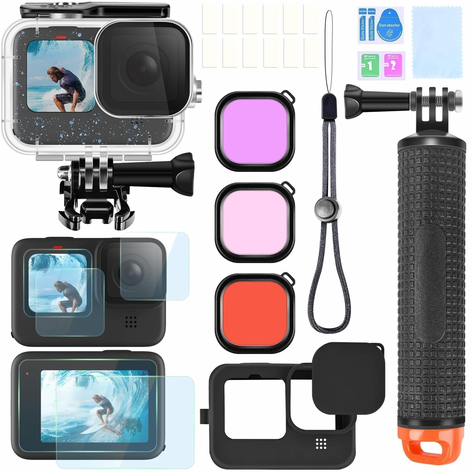 Zestaw akcesoriów do GoPro Hero 9-12 obudowa nurkowa pływająca rączka filtr czerwony etui silikonowe