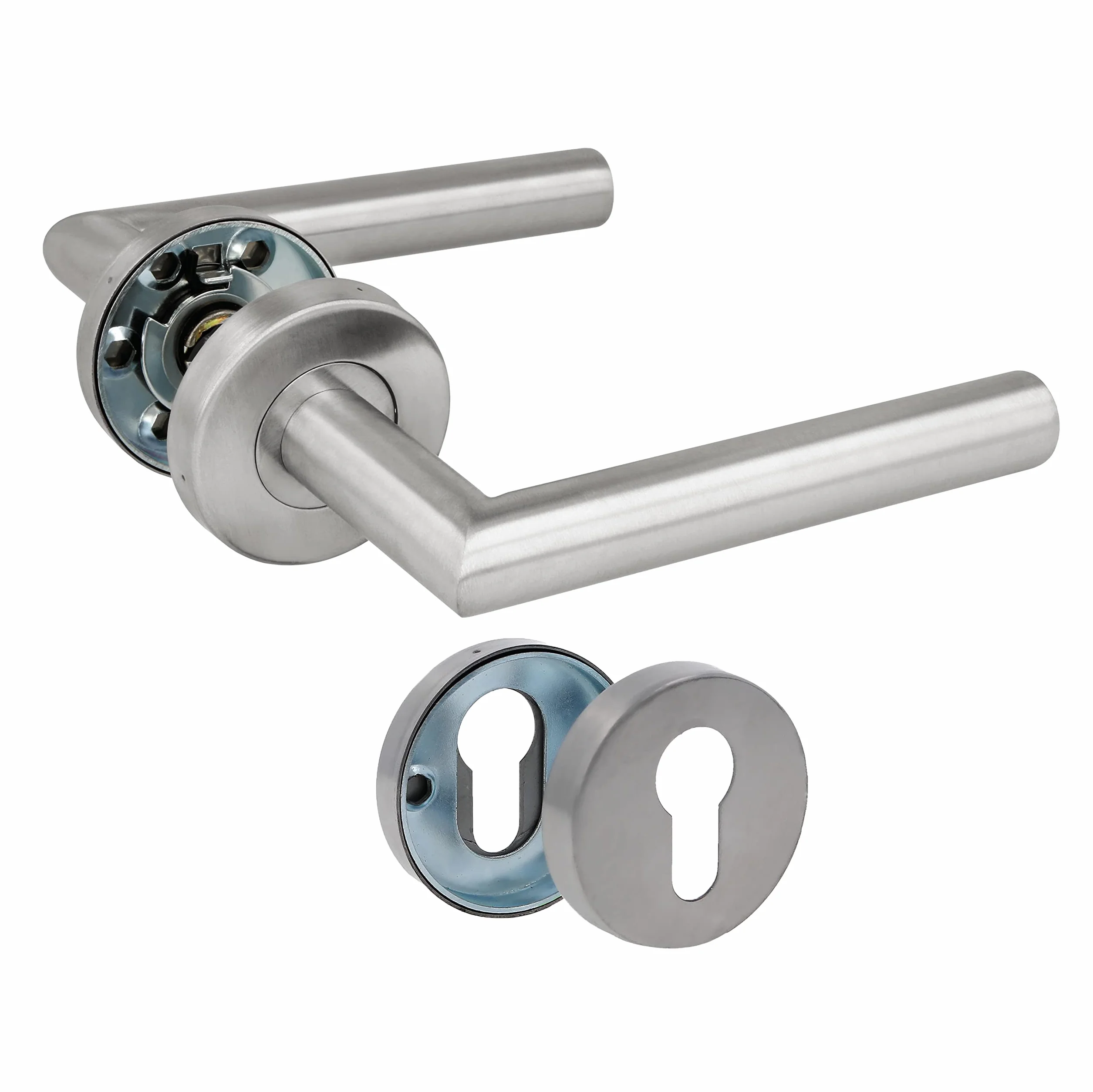 AMIG - Zestaw klamek do drzwi z rozetą | 136 x Ø19 mm | Elegancki i prosty design | Idealny do domu lub biura | Stal nierdzewna | Matowe srebro | Zawiera klucz cylindrów