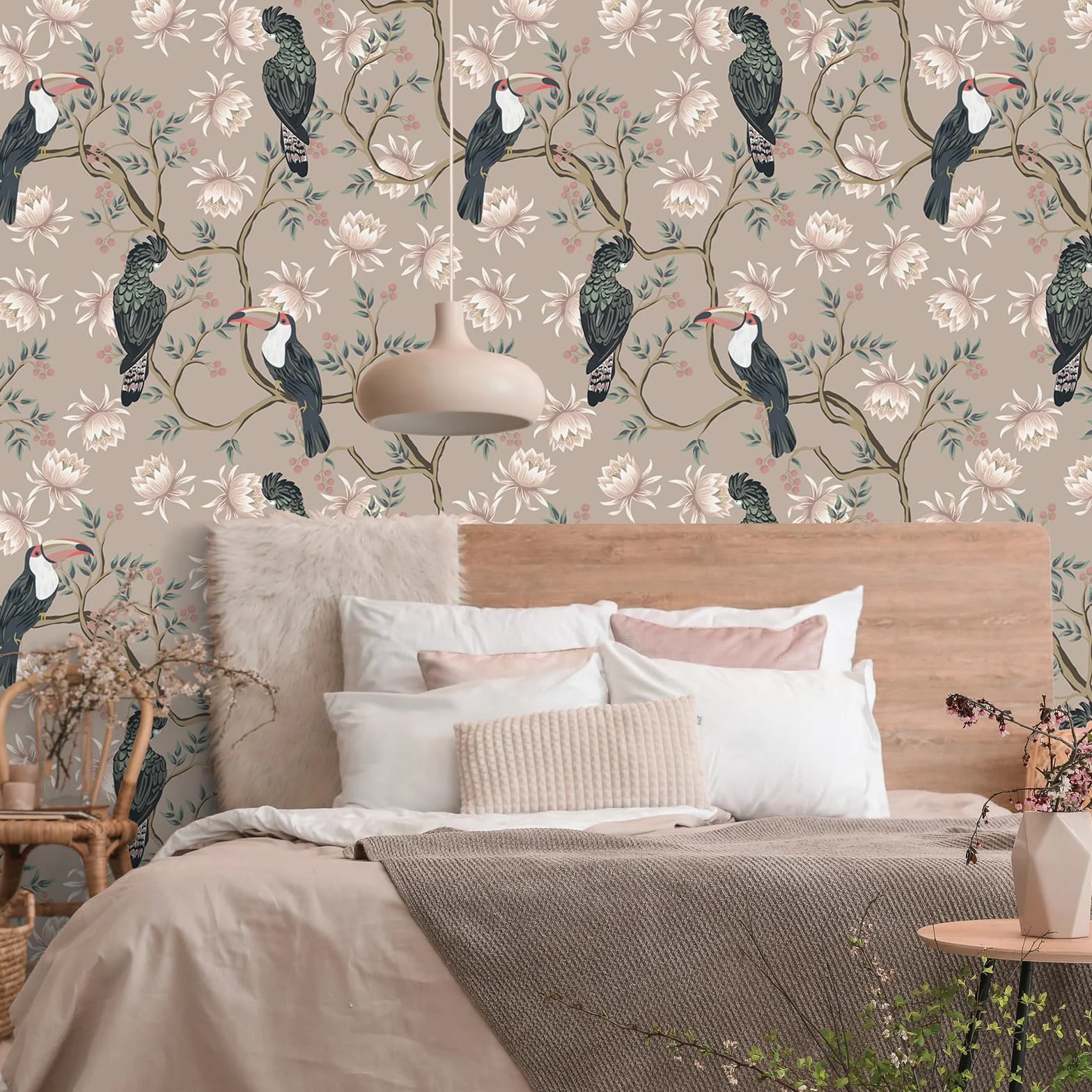 VEELIKE Tapeta kwiatowa z zakurzonymi różowymi ptakami, vintage chinoiserie, samoprzylepny papier kontaktowy z motywem liści, egzotyczna botaniczna sztuka ścienna, wzorzysty tropikalny mural ścienny
