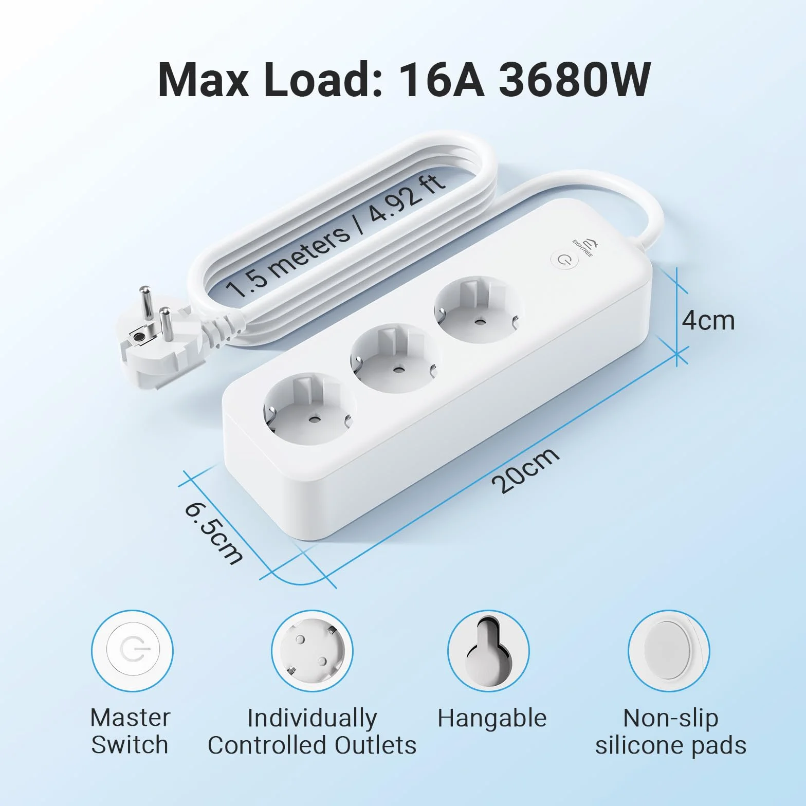 Eightree Smart WLAN Listwa Zasilająca 3x AC Gniazdko z Pomiar Zużycia Prądu Pilot 16A 1.5m Alexa Google Home SmartThings