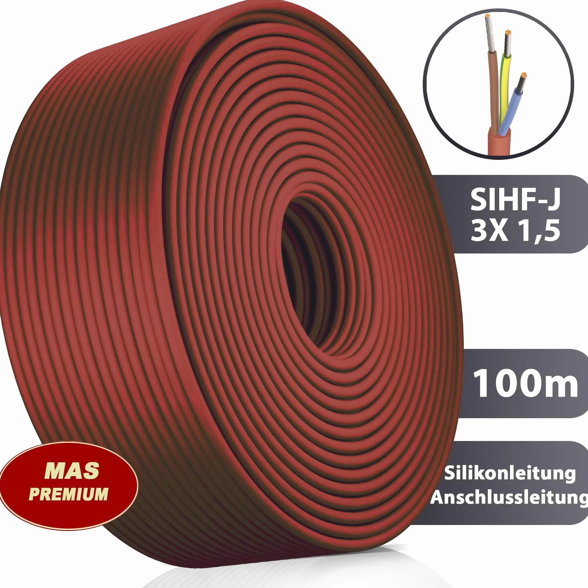 MAS Premium SIHF-J silikonowy kabel przyłączeniowy, 5-250 m, przewód silikonowy, 3 x 1,5 drobno drutowy, elastyczny do urządzeń o wysokiej temperaturze (100 m)