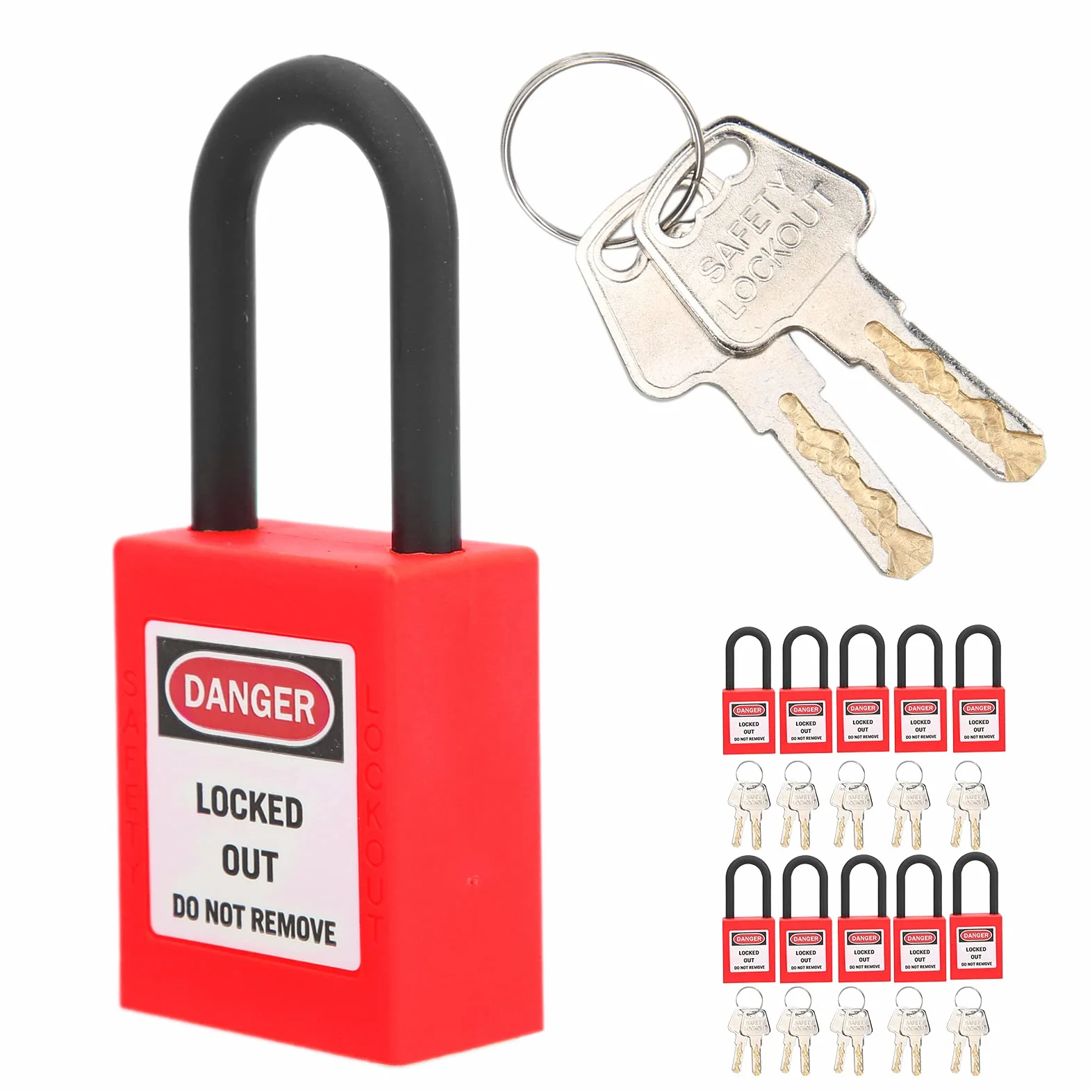 Lockout kłódka, 10 metalowych zamków Lockout Tagout z 20 kluczami, kłódki bezpieczeństwa, czerwone, do użytku wewnątrz i na zewnątrz, do warsztatu, fabryki, garażu (czerwona)