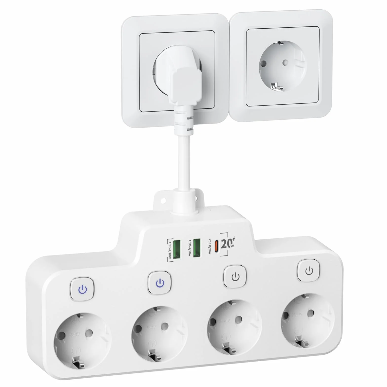 Listwa Zasilająca USB C PD 20W 4 Gniazda z Przełącznikiem Biały Kabel 0.15m