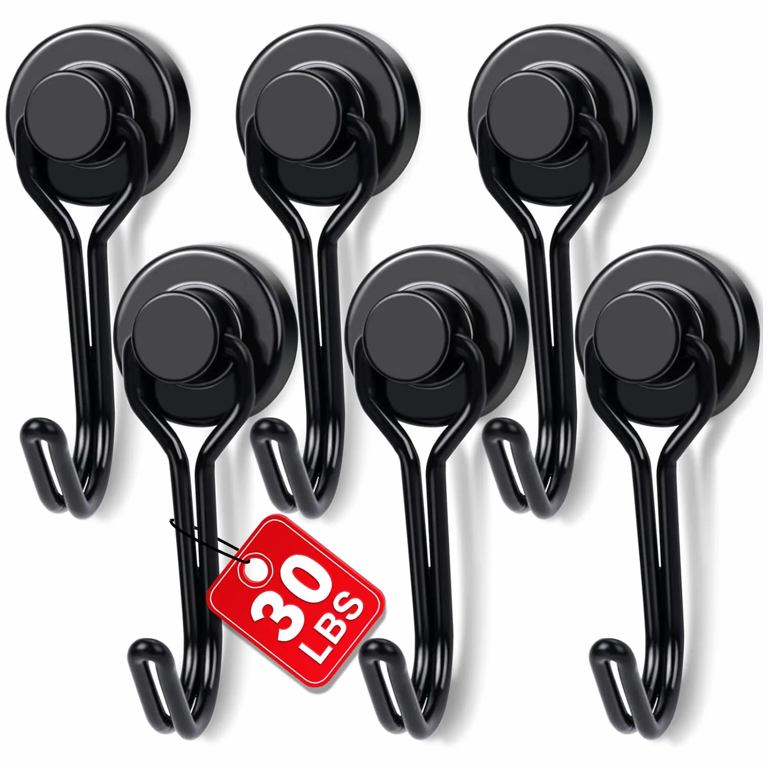 E BAVITE 6 sztuk czarnych obrotowych haków magnetycznych, 13,6 kg, mocne haczyki magnetyczne, mocne, neodymowe, z rzadkiej ziemi, idealne do lodówki, kuchni i innych powierzchni magnetycznych