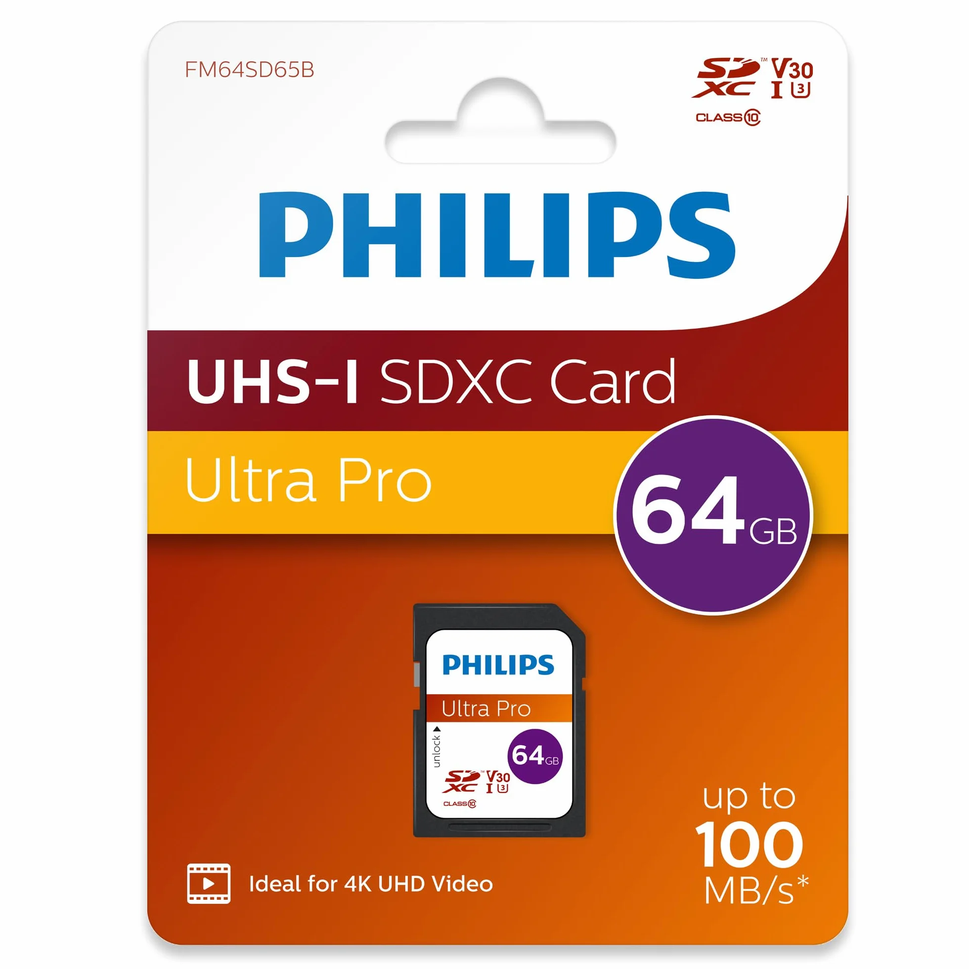 Philips Karta Ultra Pro SDXC 64 GB UHS-I U3 V30, prędkość odczytu 100 MB/s, karta pamięci do aparatów i wideo 4K UHD