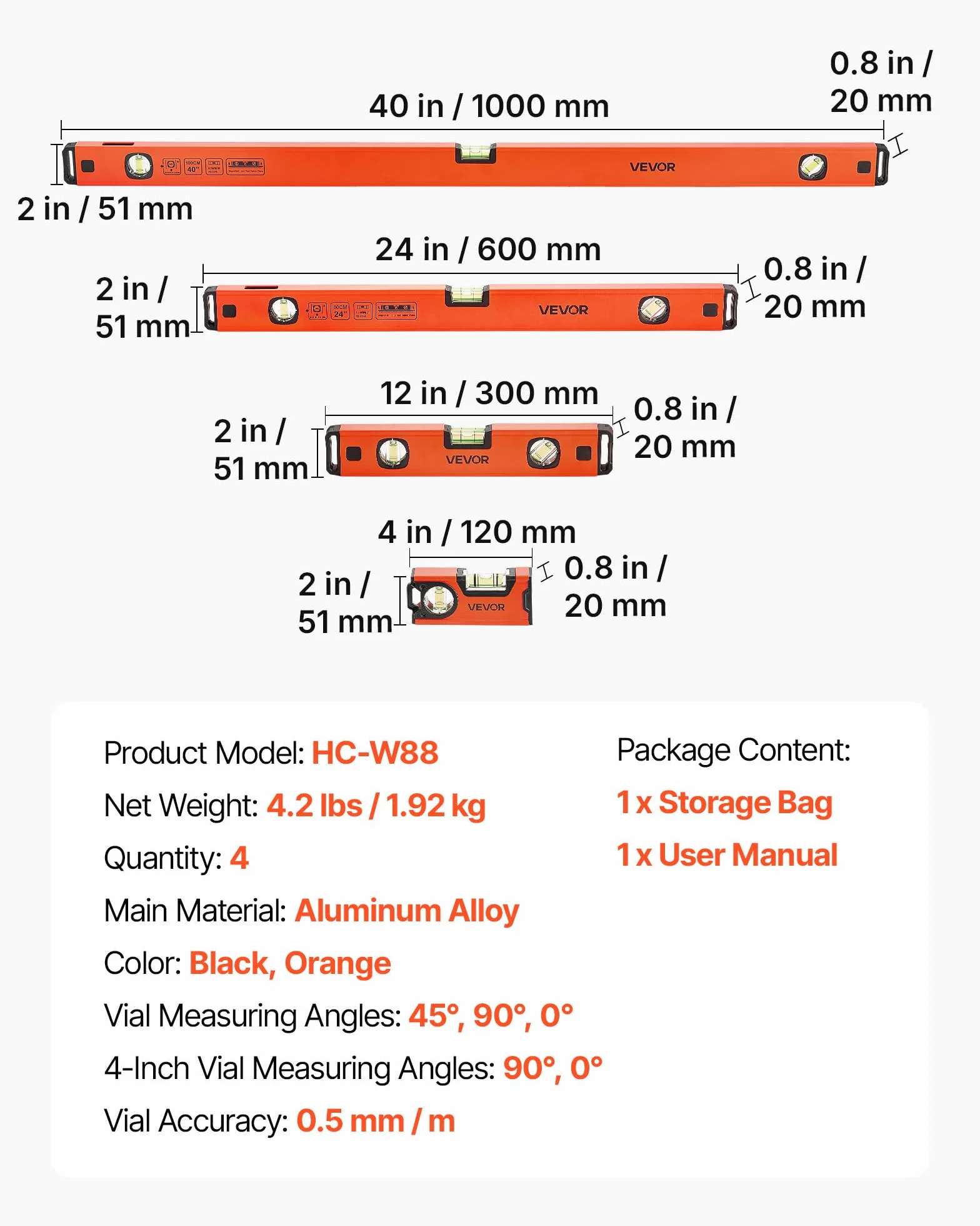 VEVOR 4-częściowy zestaw poziomicy, 12/30/60/100 cm, waga kierunkowa z 3 libelami 90°/45°/0° 0,5 mm/m, waga murarska z funkcją pionowego widoku i otworem do zawieszenia, narzędzie pomiarowe do remontu
