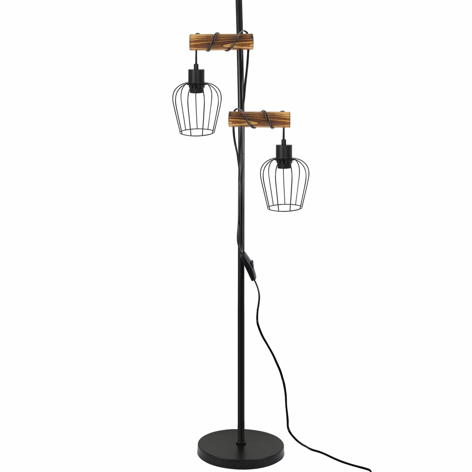 ZMH Lampa podłogowa do salonu z drewna, czarna stojąca lampa - Vintage lampa do salonu stojąca w stylu industrialnym, metalowa lampa stojąca, 2-płomienna, gwint E27, 151cm lampa stojąca do sypialni