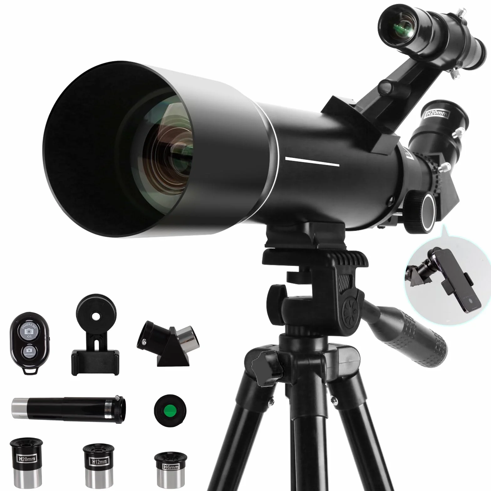Teleskop astronomiczny, 400/70 mm, 200x powiększenie, z adapterem na telefon, statywem i filtrami księżycowymi i celowniczymi dla początkujących i amatorów
