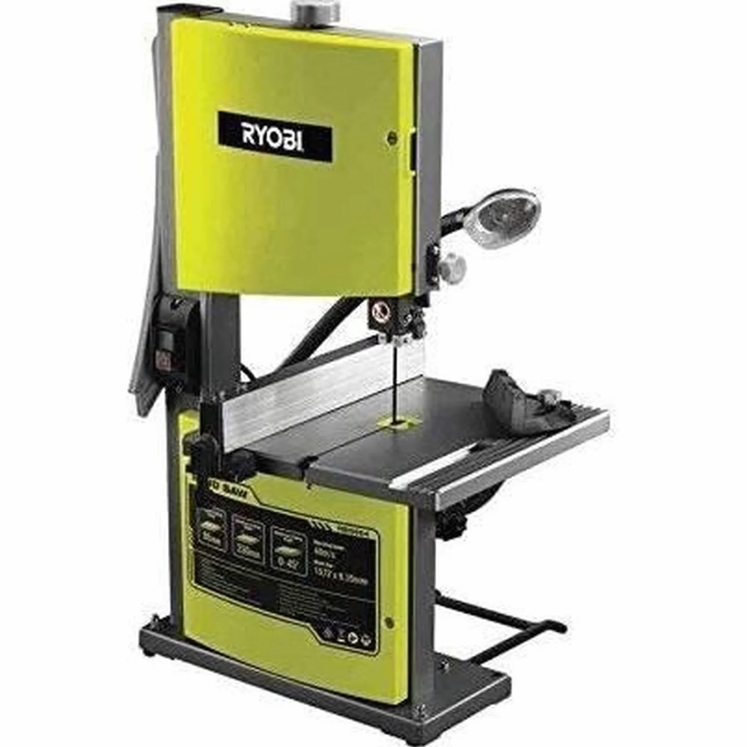 Ryobi Pilarka Taśmowa, RBS904, Moc Silnika 350W, Szerokość Przepustu 230 mm, Wysokość Cięcia 80 mm, w Zestawie Przedłużka Stolika, Popychacz, Klucze Imbusowe, Taśma Tnąca, Prowadnica do Cięć Pod Kątem
