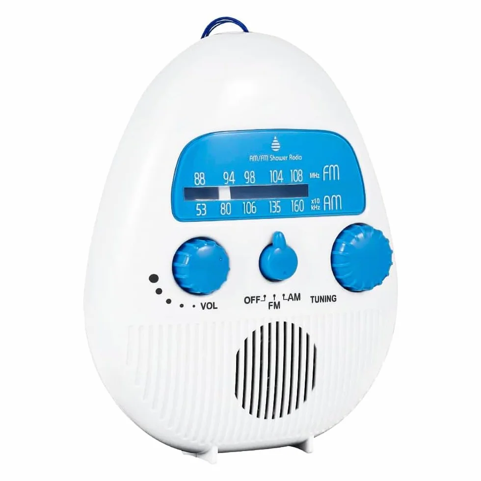 Sarini Wodoodporne bezprzewodowe radio FM do łazienki, przenośne radio prysznicowe AM FM, wbudowany głośnik, zasilanie bateryjne radio cyfrowe z paskiem do noszenia