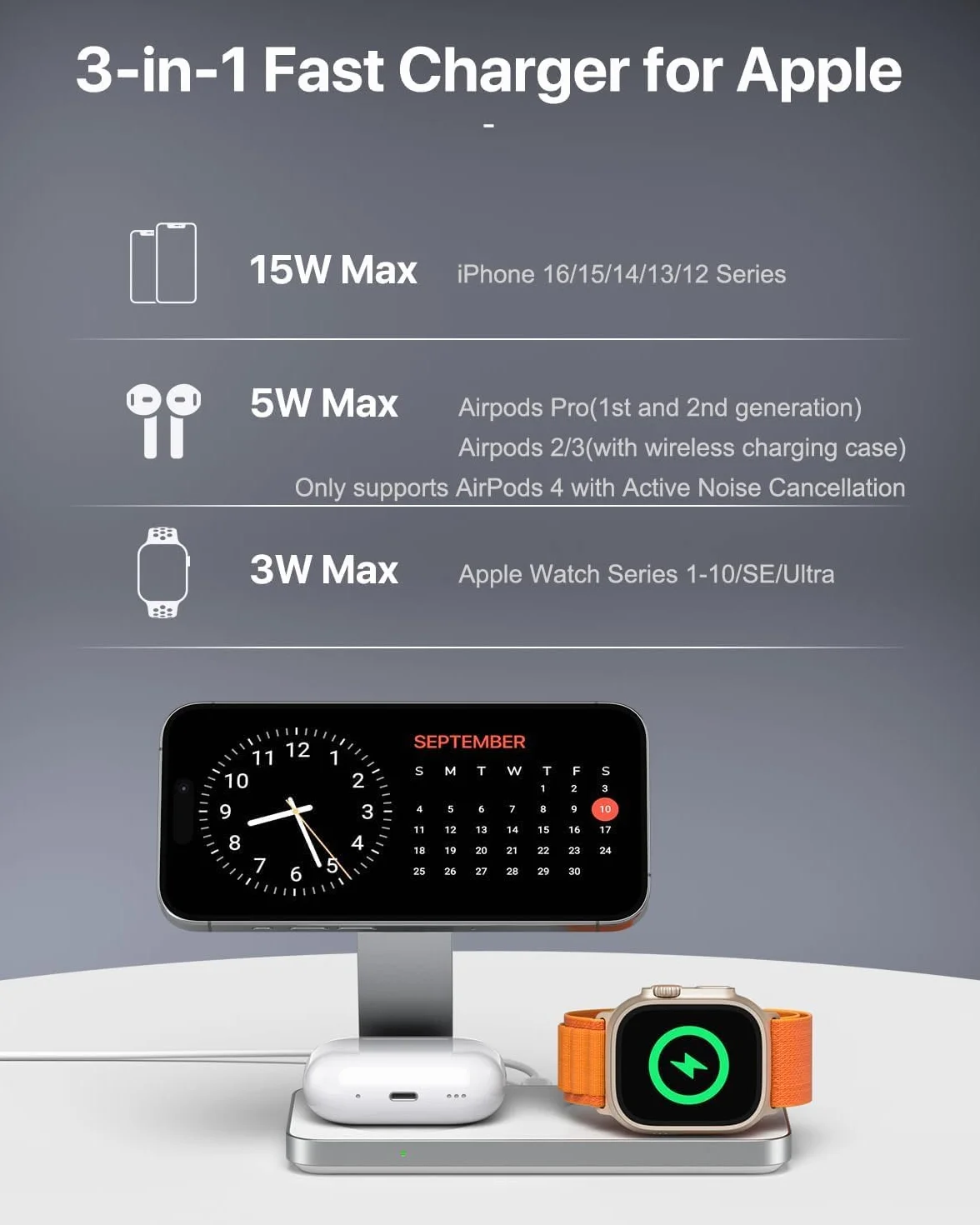 Bezprzewodowa ładowarka 3 w 1 Apple składana indukcyjna do iPhone 17 16 15 14 13 12, Apple Watch 9/8/7/6/SE/5/4/3, AirPods Pro