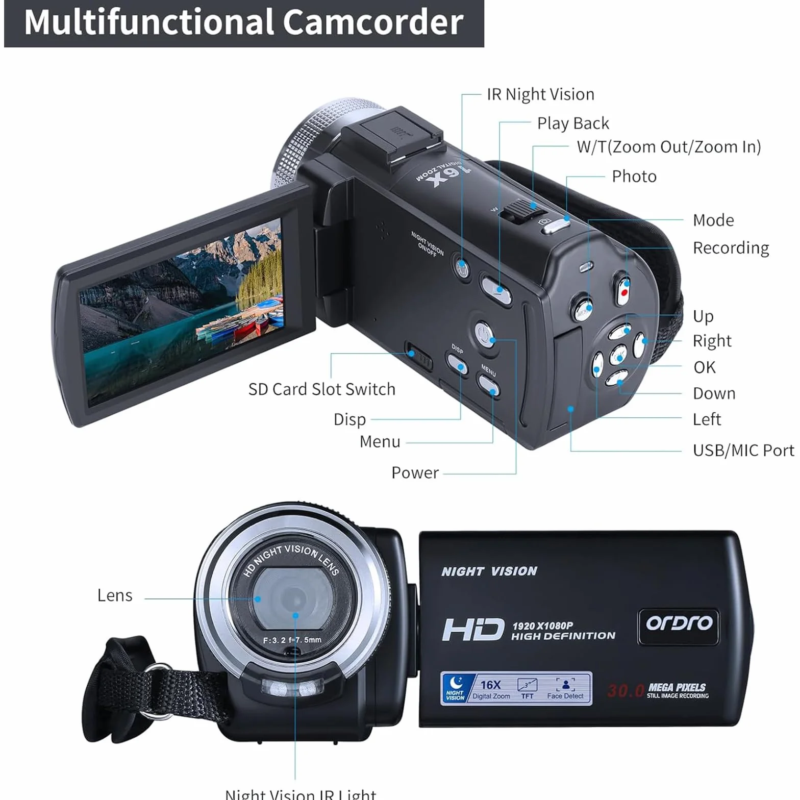 ORDRO V12 Full HD 1080P 30FPS kamera wideo noktowizyjna na podczerwień LCD 16-krotny zoom z pilotem i kartą 16 GB