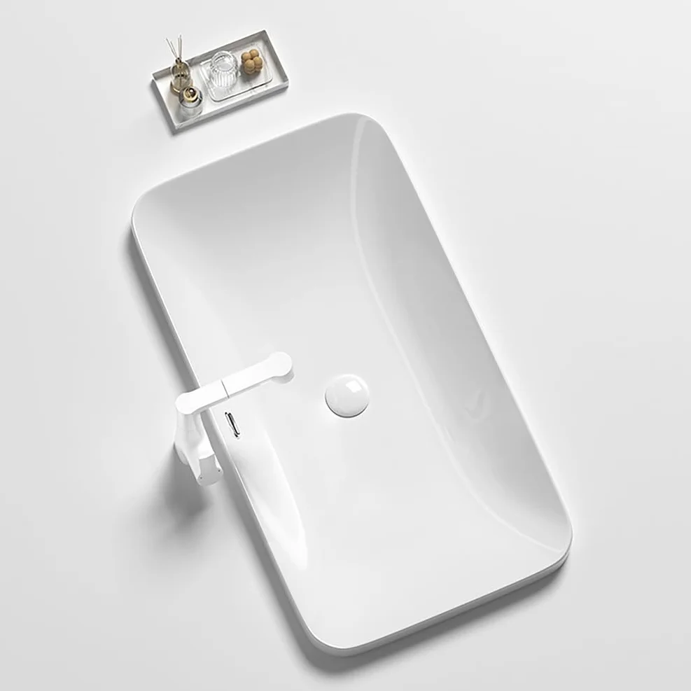 Półwpuszczana umywalka nablatowa Ultracienka z odpływem Duże umywalki wpuszczane Prostokątna biała ceramiczna nowoczesna umywalka do domu lub hotelu,White,L28"*H6"*W16"