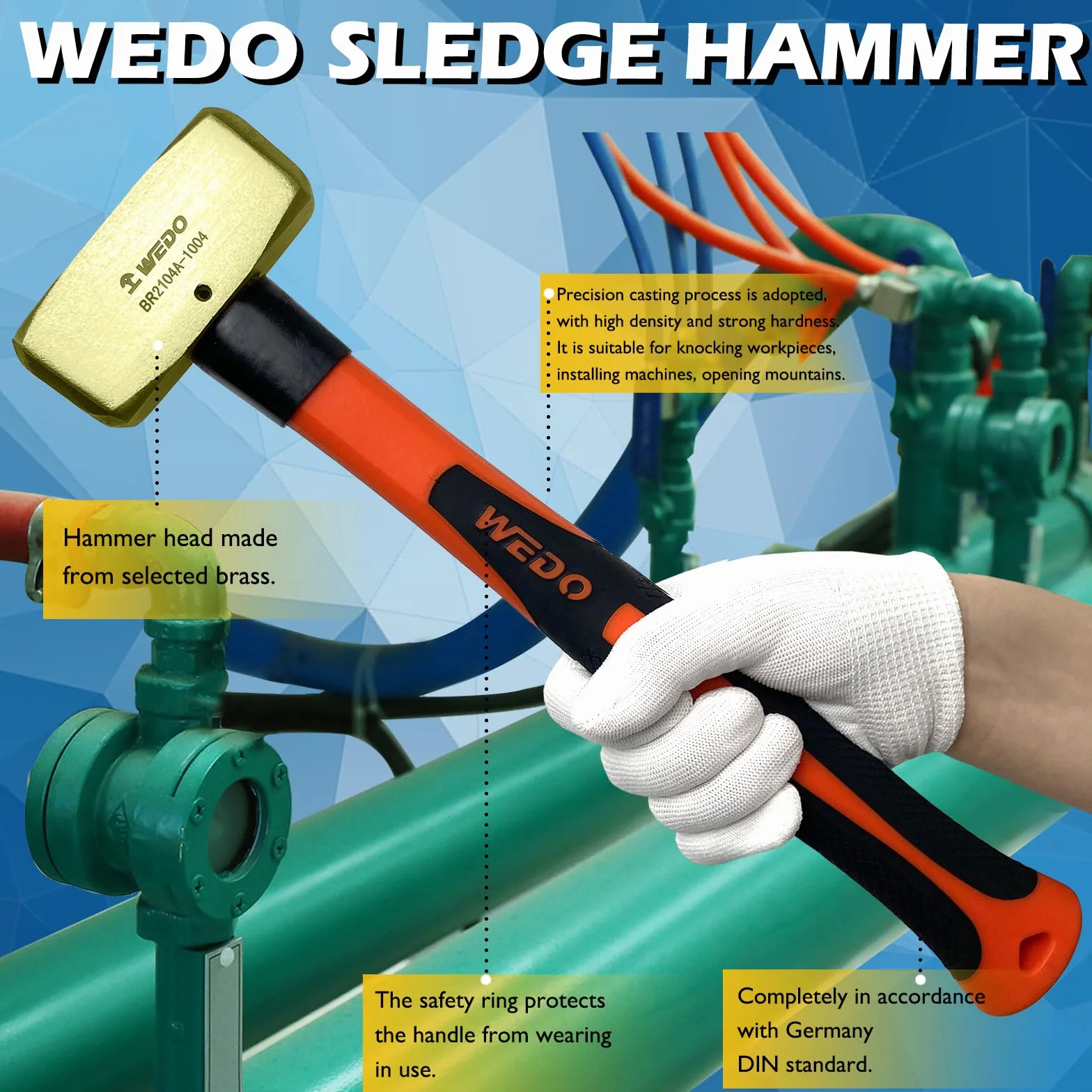 WEDO Mosiężny młotek kowalski z uchwytem z włókna szklanego (typ niemiecki), 2000 g, 400 mm, 40 mm