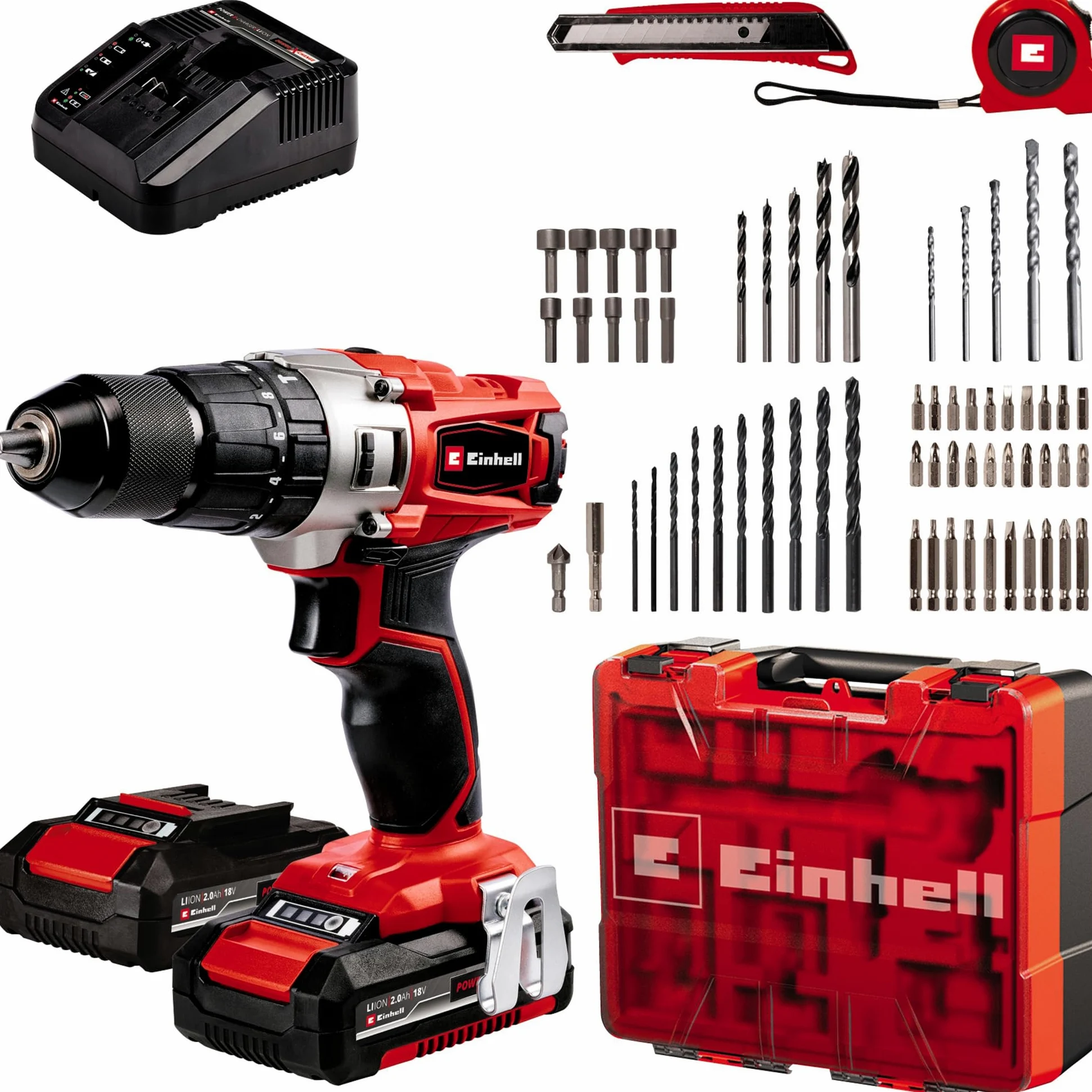 Akumulatorowa wiertarko-wkrętarka Einhell TE-CD 18/2 Li +64 (2x2,0 Ah) Power X-Change (18 V, 44 Nm, 2-bieg. przekładnia, w tym 2x 2,0 Ah akumulator, szybka ładowarka i 64-cz. zestaw akcesoriów)