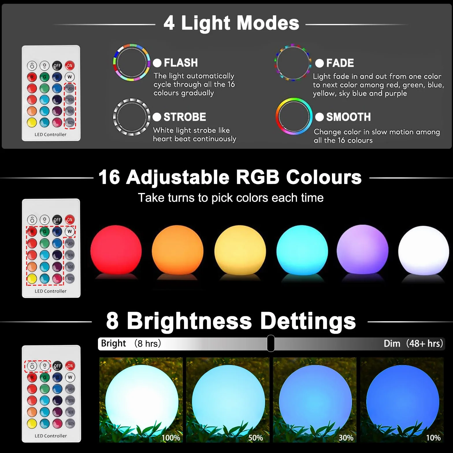 2 sztuki RGB lampa ogrodowa kula świetlna, 30 cm kula ogrodowa wodoodporna zewnętrzna lampa słoneczna IP66, 1200 mAh ściemniana lampa solarna dekoracja do pokoju, na zewnątrz, basen, balkon