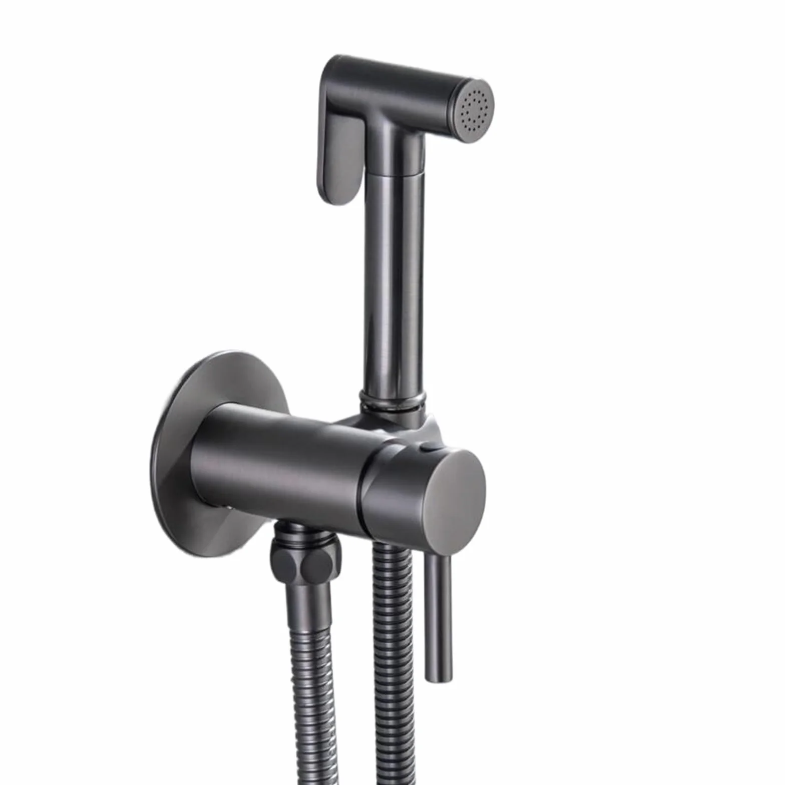 Bateria toaletowa z szarym prysznicem bidetem, bateria ścienna ze szczotkowanego mosiądzu, ciepła i zimna woda, prysznic ręczny i elastyczny. (Gunmetal szary)