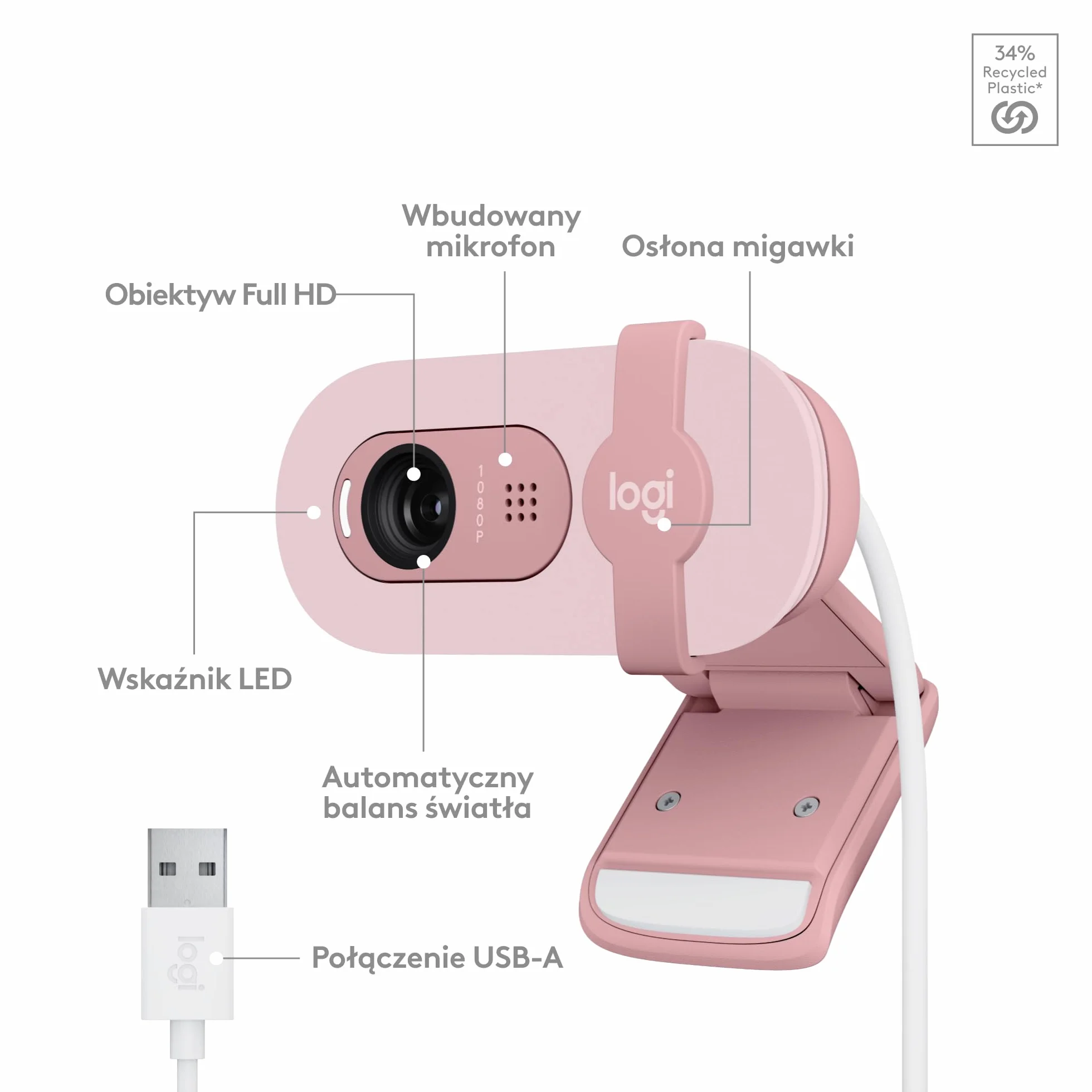 Logitech Brio 100 Full HD Kamera do spotkań, automatyczny balans światła, wbudowany mikrofon, USB-A, Róża