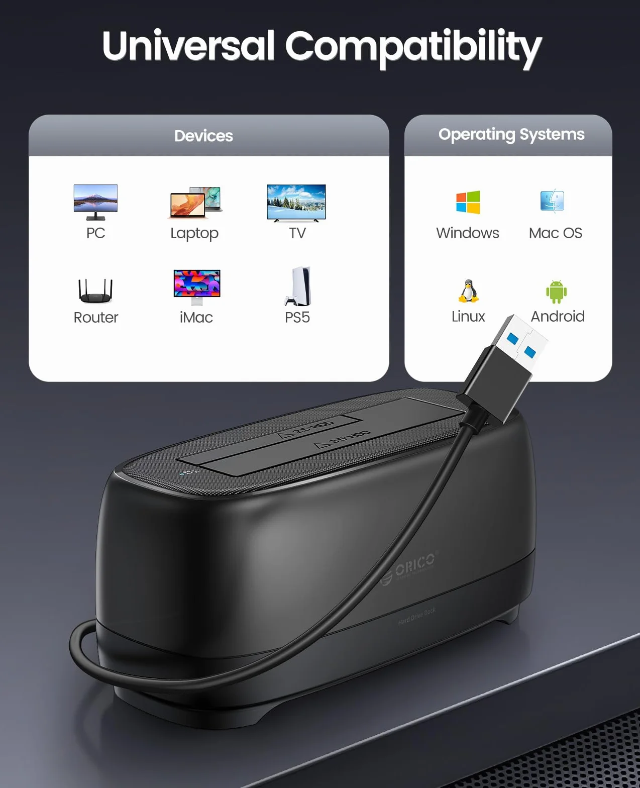 ORICO Stacja dokująca do dysków twardych USB 3.0 SATA 2,5" 3,5" HDD SSD 20 TB 1 BAY czarny