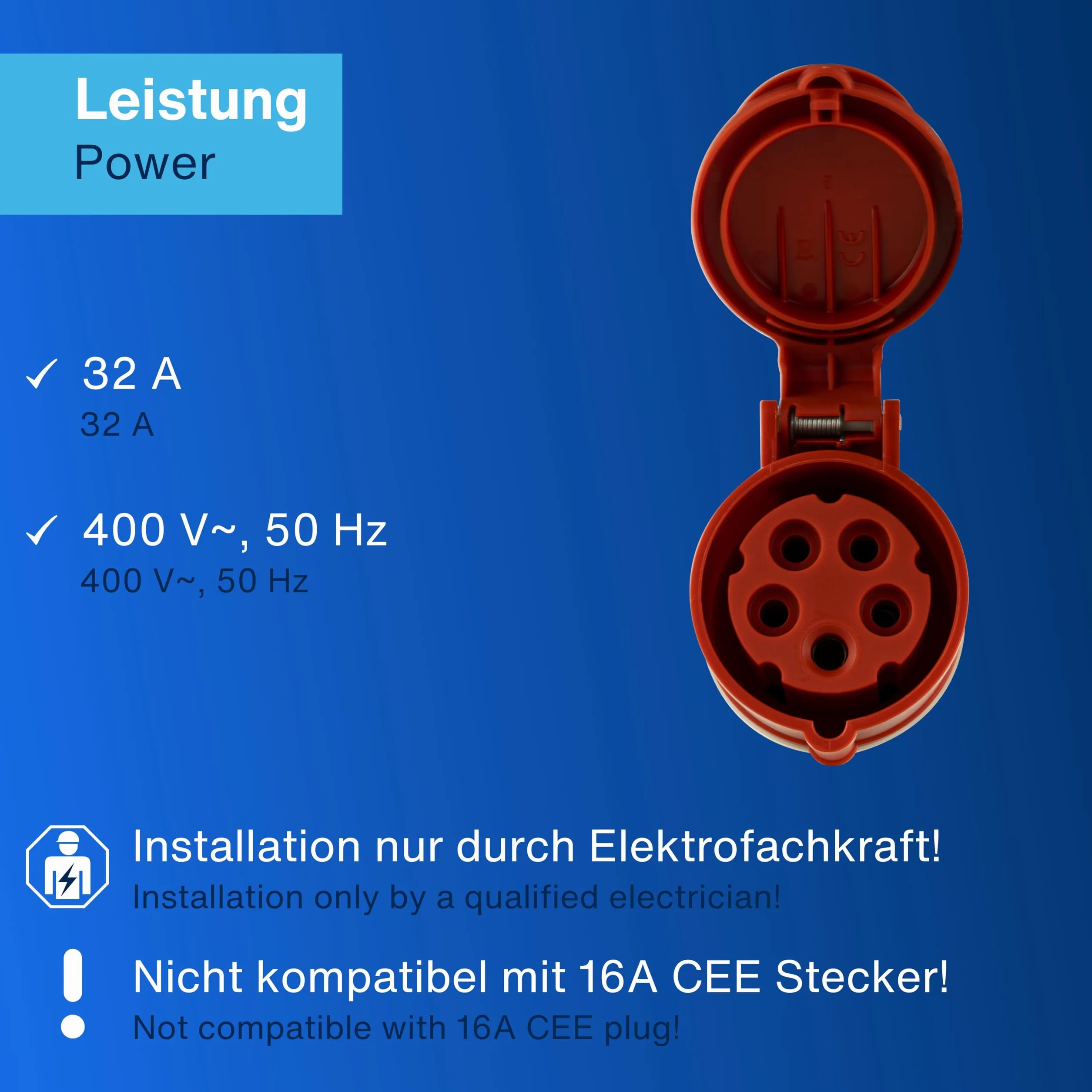 REV Sprzęgło CEE, 5-biegunowe (3Ph+N+PE) IP44, 400 V 32 A, czerwone