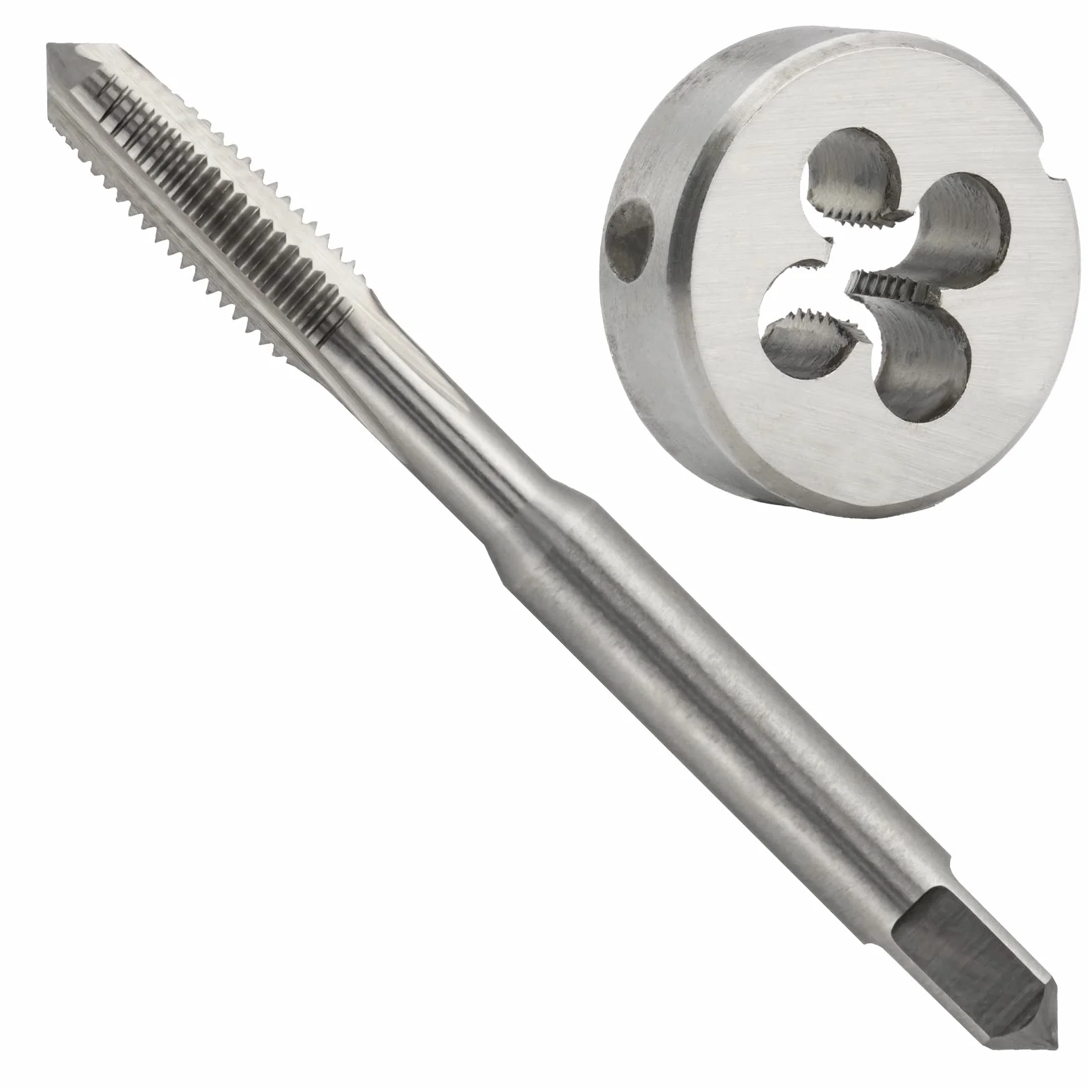 Zestaw gwintowników i narzynek metrycznych M2 x 0,4 mm, gwintownik maszynowy HSS M2 x 0,4 mm i narzynka okrągła ze stali narzędziowej stopowej M2 x 0,4 mm, prawa strona