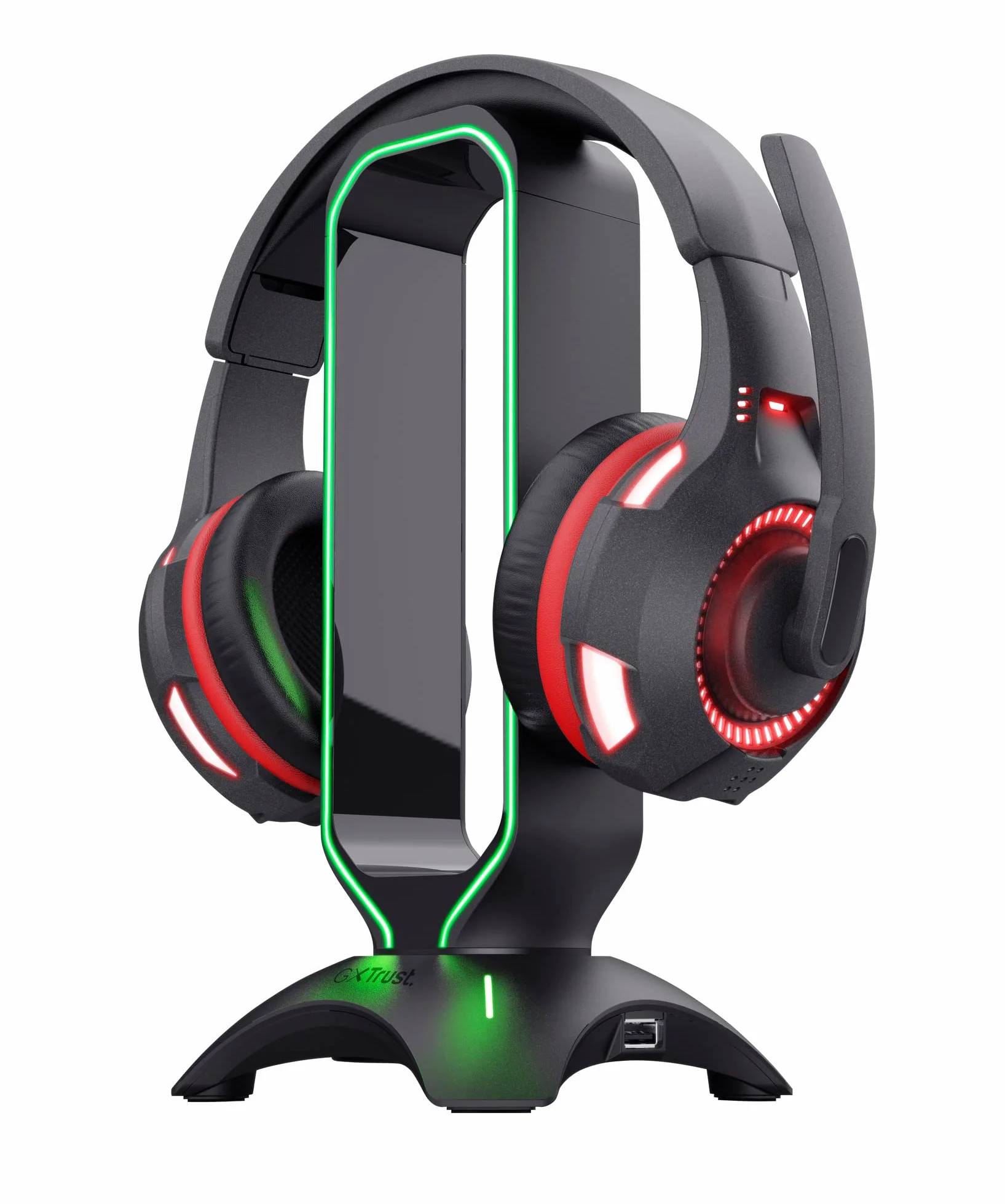 Trust GXT 265 Cintar stojak na słuchawki do gier, podświetlany stojak LED RGB na słuchawki, 2 dodatkowe porty USB-A, uniwersalne dopasowanie, kabel 1,5 m, antypoślizgowa podstawa - czarny