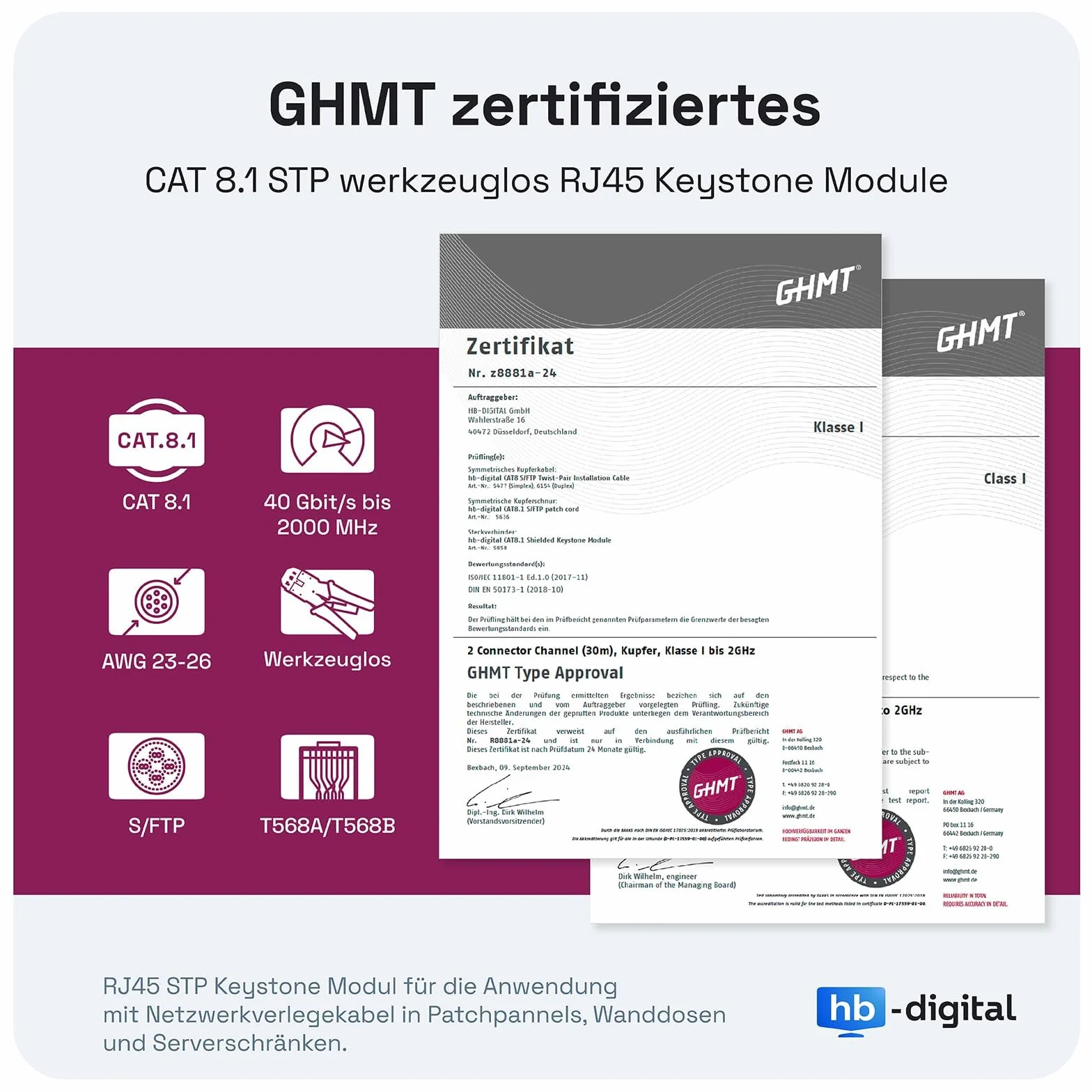 HB-DIGITAL 1-portowa puszka sieciowa CAT 8 z certyfikatem GHMT beznarzędziowa Keystone maks. 40 Gbit/s podtynkowa gniazdo sieciowe gniazdo RJ45 gniazdo STP ekranowane gniazdo danych RJ45 gniazdo