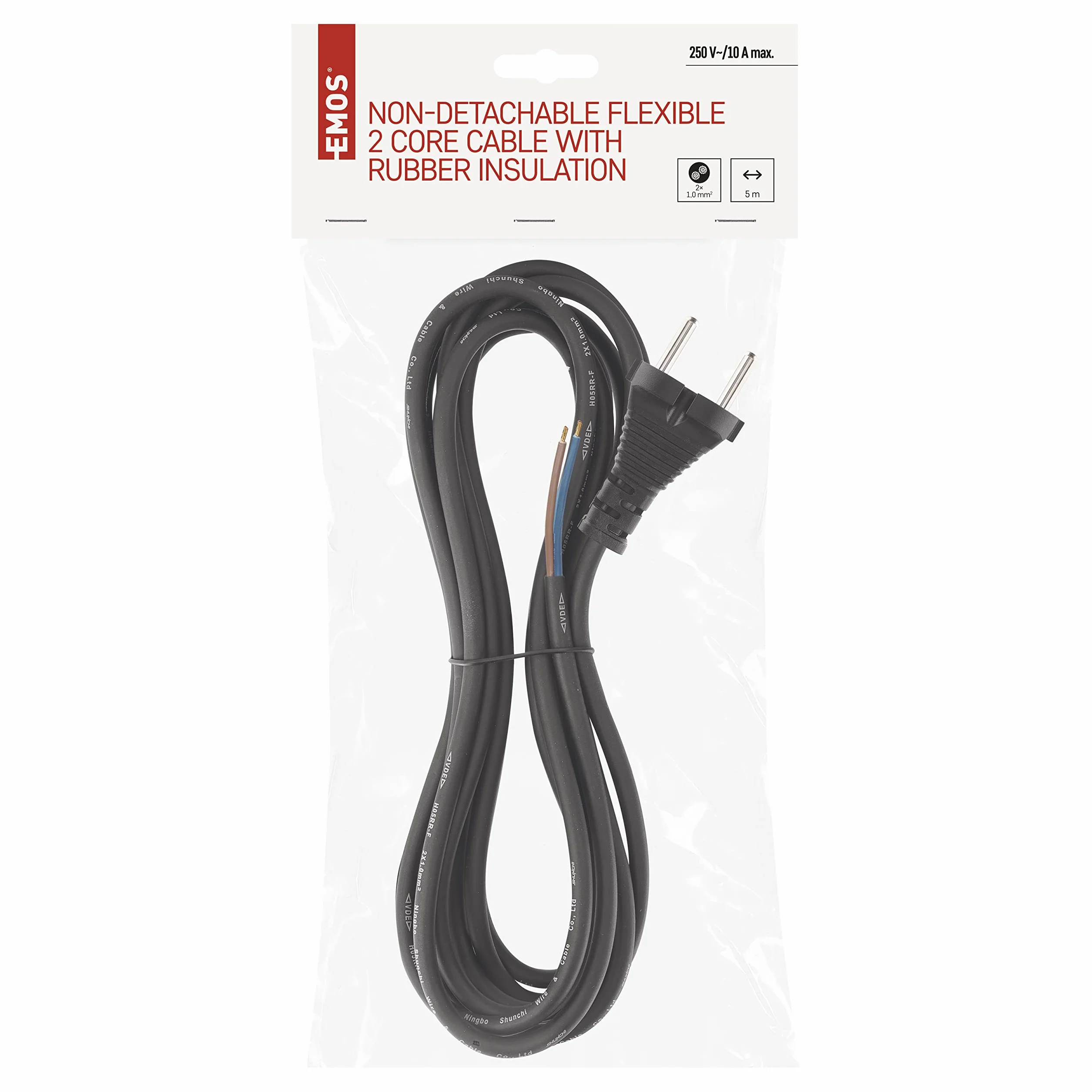 EMOS Gumowy przewód przyłączeniowy 5 m, kabel zasilający, kabel przyłączeniowy, kabel do żelazka, kabel połączeniowy Schuko, 2 x 1 mm, H05RR-F, czarny