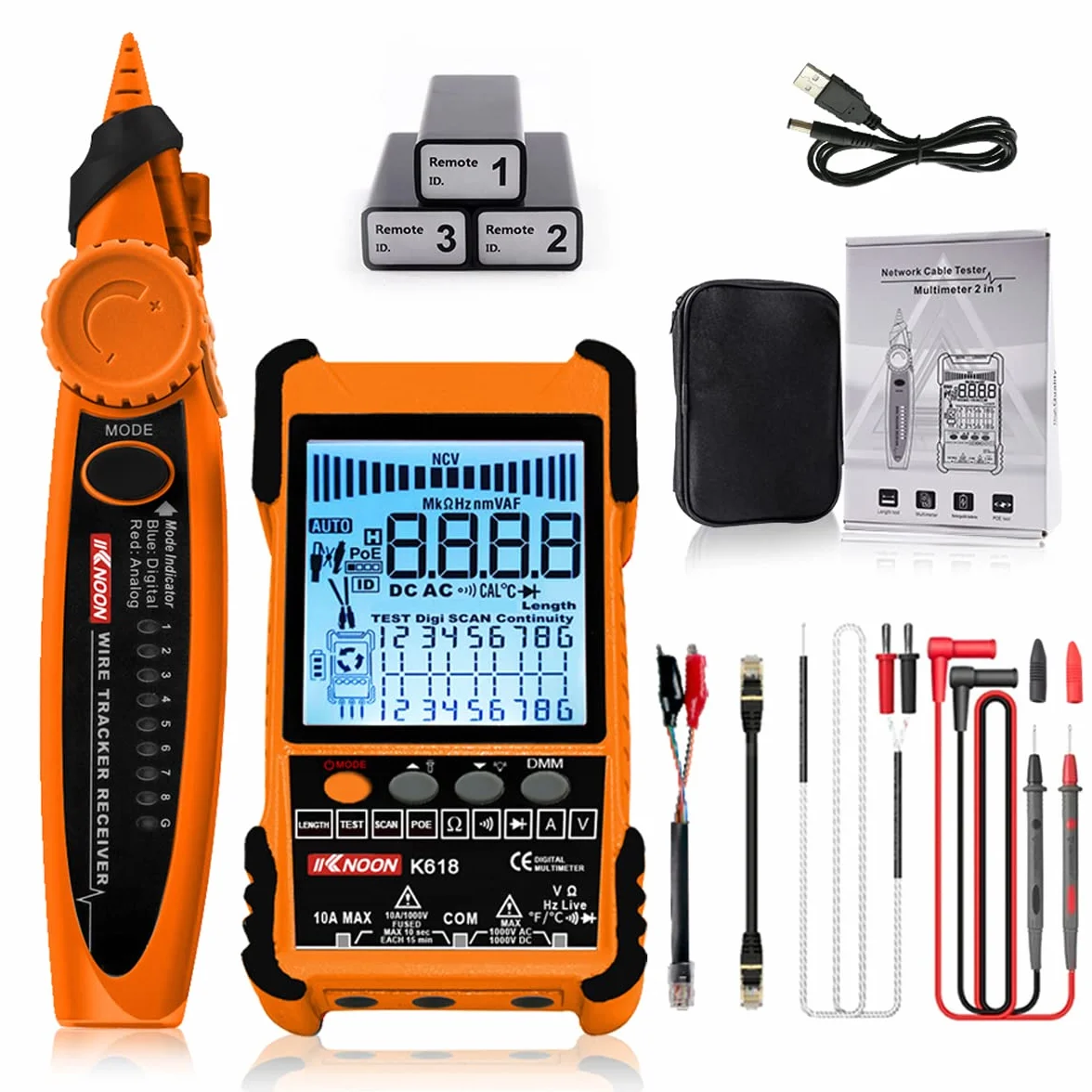Tester kabli sieciowych, wielofunkcyjny lokalizator kabli POE z ekranem LCD, dopasowanie identyfikatora kabli długość kabla sieciowego otwarty pomiar zwarcia z 3 akcesoriami do dopasowywania