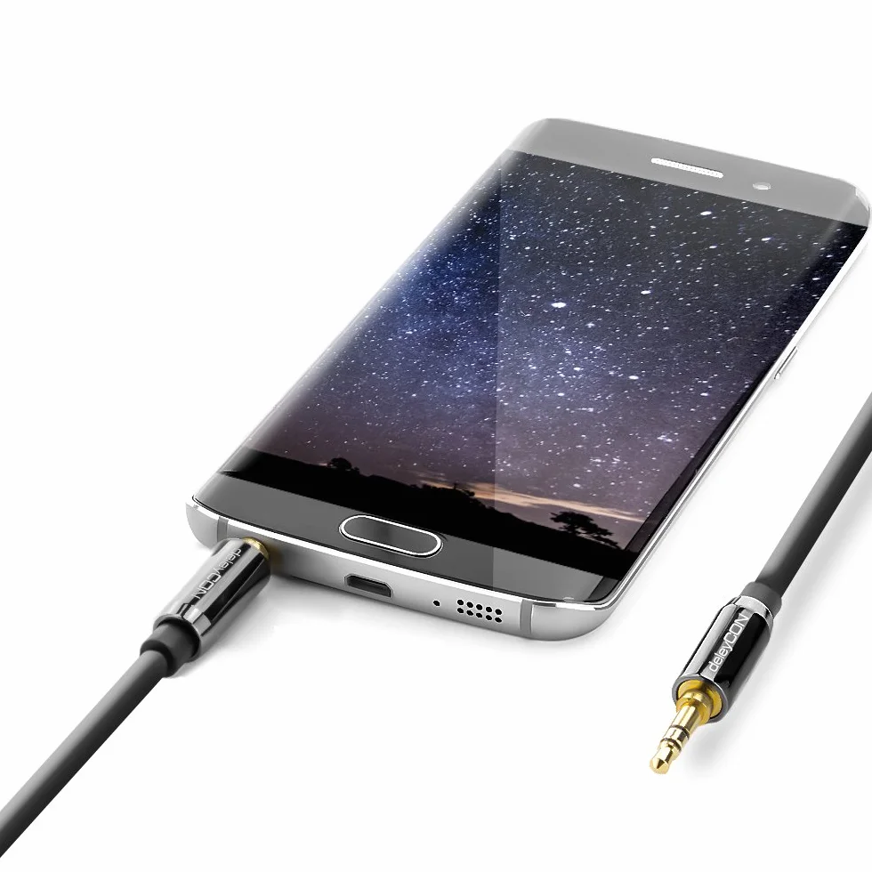 deleyCON 1m Kabel Jack 3,5 mm AUX Kabel Audio Stereo Wtyk Jack Prosty do PC Laptopa Telefonu Smartfona Tabletu Samochodu Amplitunera HiFi - Czarny