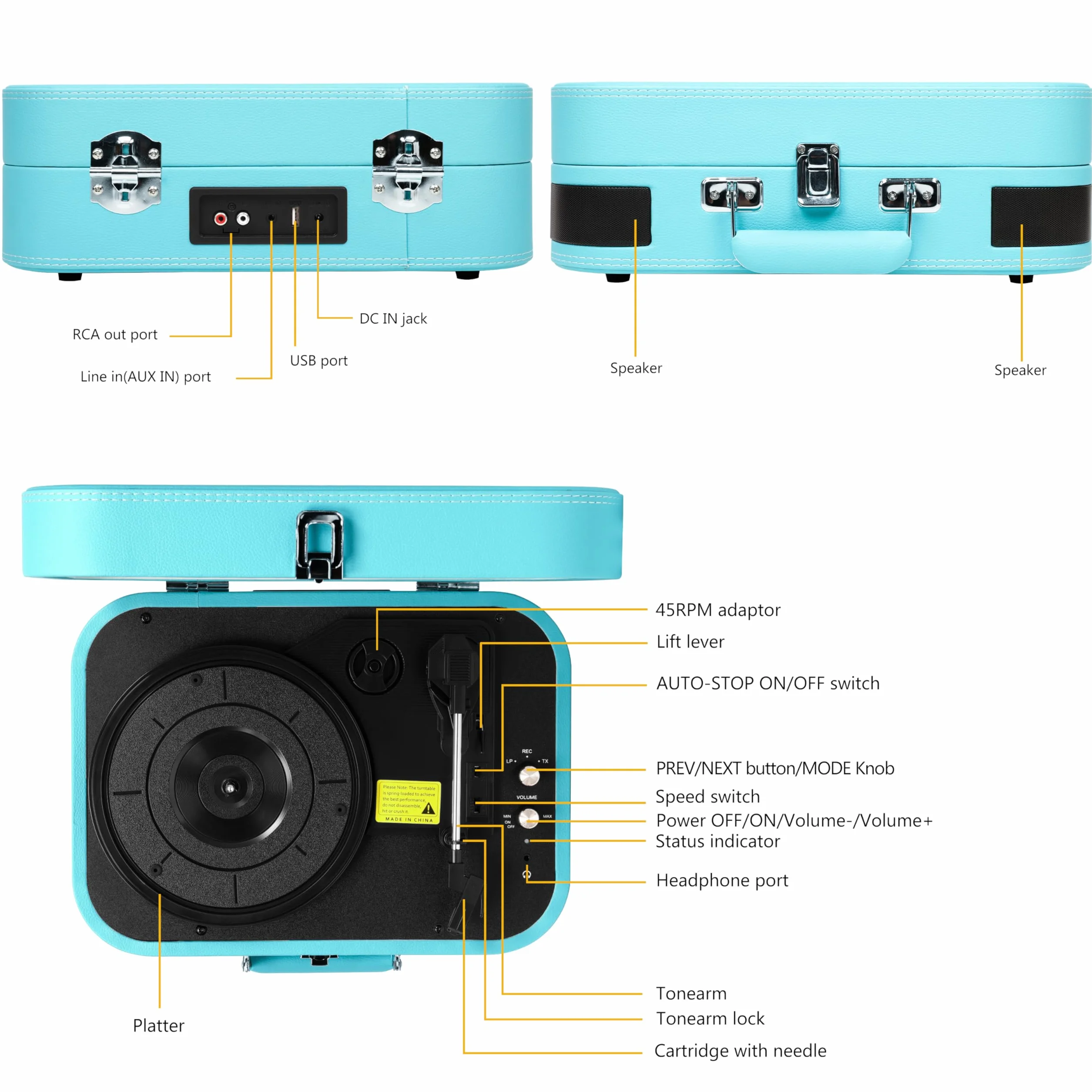 VOKSUN Przenośny Gramofon Vintage Bluetooth 3 Prędkości USB AUX RCA Niebieski